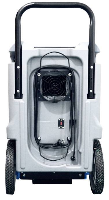 Entfeuchtungsgerät mit großen Rädern und schwarzem Griff. Schwarzes Kabel und Belüftungsventilator hinten sichtbar.