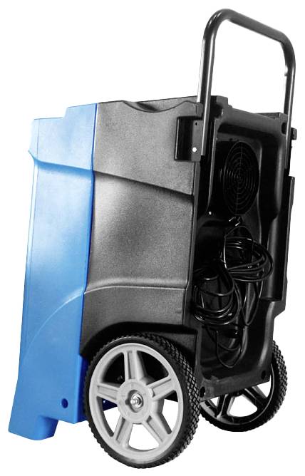 Industrie-Luftentfeuchter mit blauer Kunststoffverkleidung, zwei großen Rädern und einem schwarzen Griff. Kabel an der Rückseite.