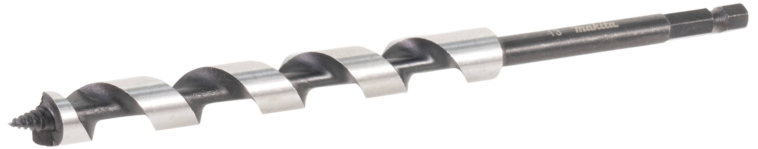 Spiralbohrer mit scharfem Gewinde und sechseckigem Schaft, geeignet für Holzarbeiten.
