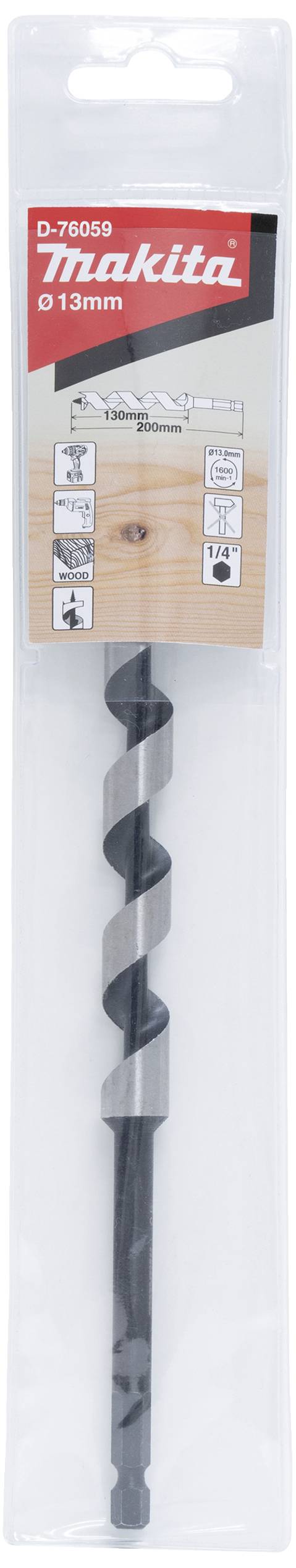 Eine Makita Spiralbohrer-Verpackung mit einem 13 mm Bohrer für Holzarbeiten abgebildet, in Blisterverpackung.