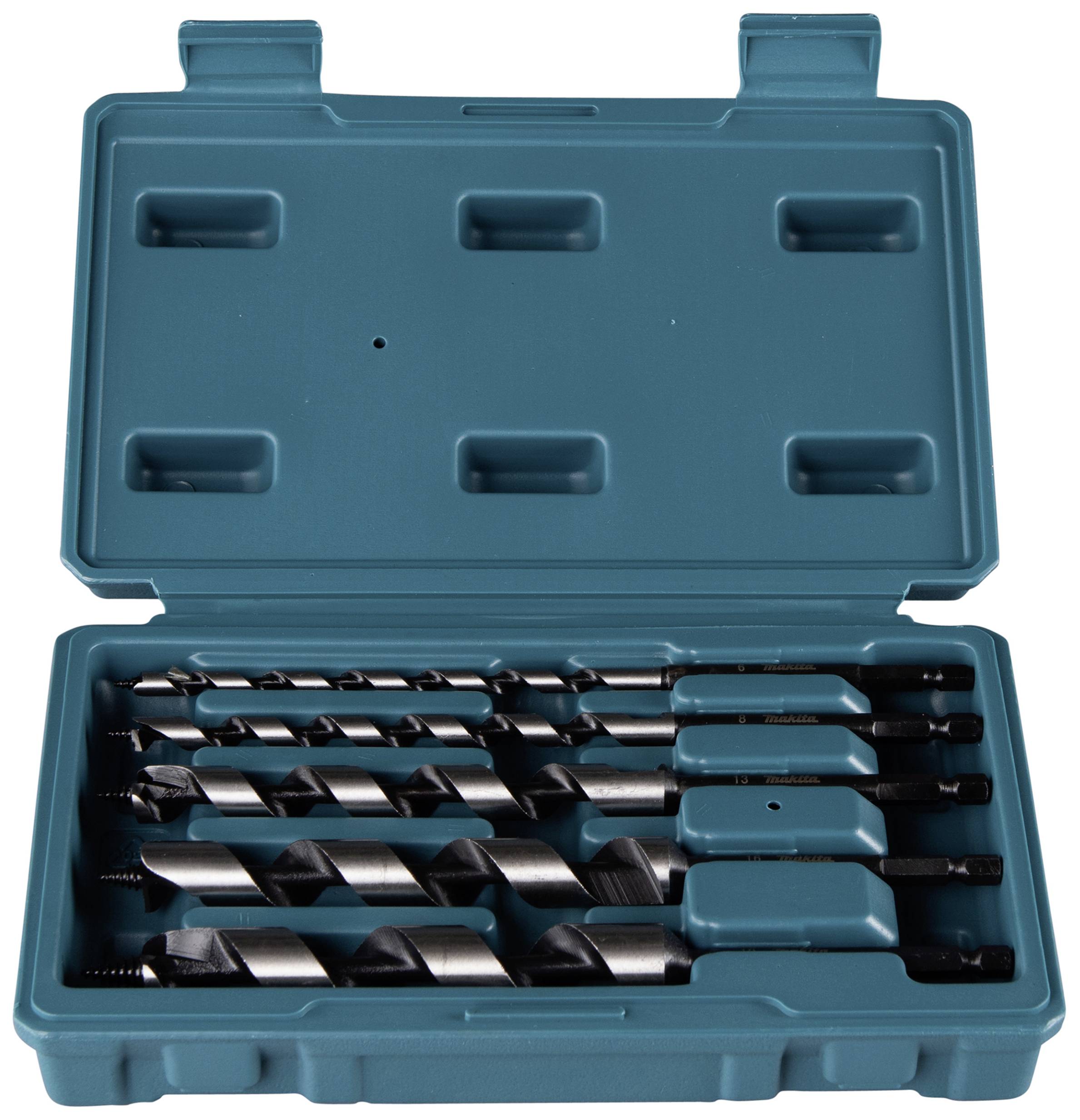 Blaue Kunststoffbox mit sechs Metallbohrern in verschiedenen Größen. Deckel geöffnet, Bohrer ordentlich eingesteckt.