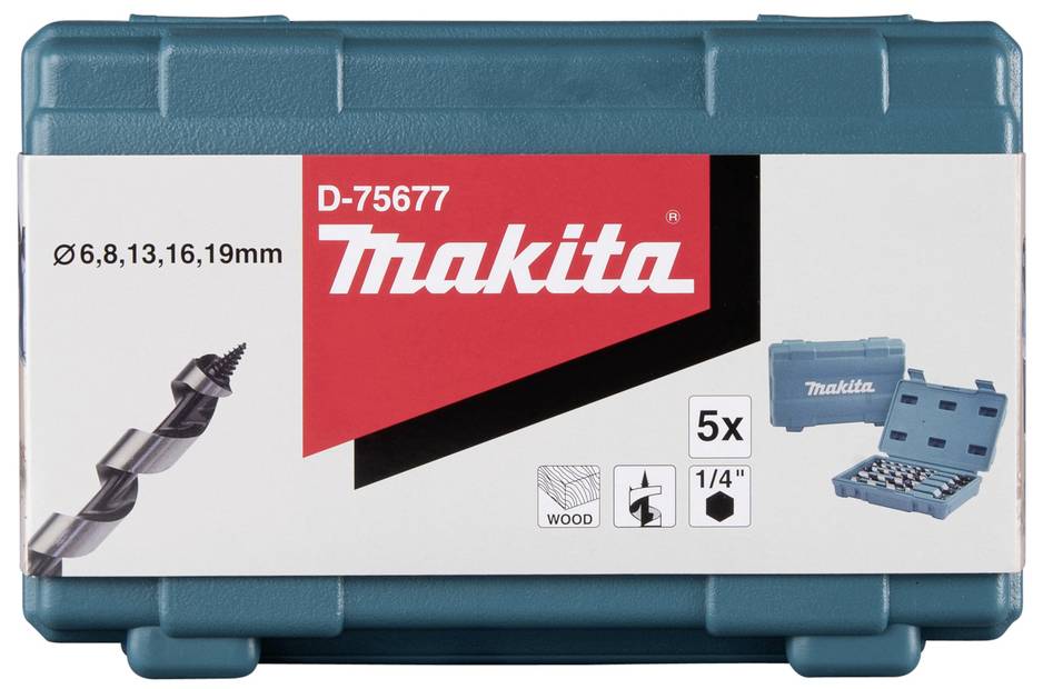 Ein Makita-Bohrer-Set mit der Artikelnummer D-75677. Es enthält Bohrer mit Durchmessern von 6, 8, 13, 16 und 19 mm, geeignet für Holz.