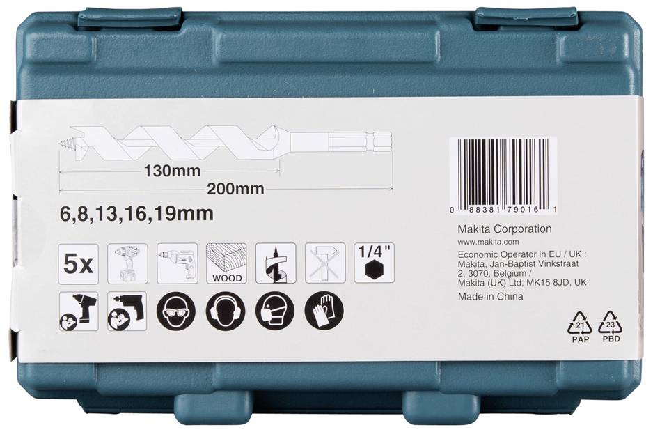 Details darstellen: Eine grüne Verpackung enthält Bohrer mit Größen 6, 8, 13, 16, 19 mm. Länge 130-200 mm. Für Holz. Hergestellt in China.
