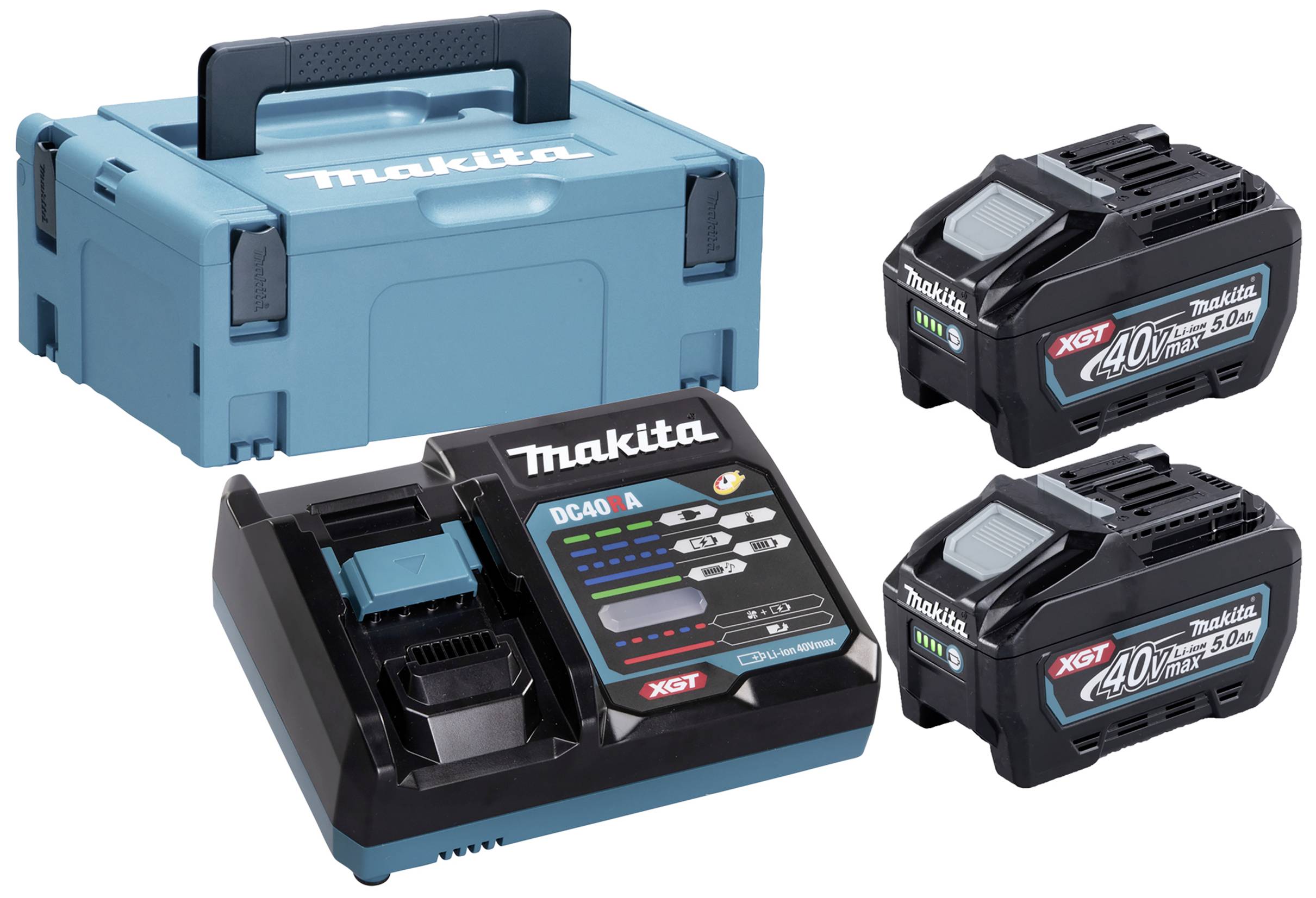 Makita Werkzeugkoffer-Set mit zwei 40V Max Akkus, Ladegerät und Aufbewahrungsbox. Ideal für leistungsstarke Elektrowerkzeuge.