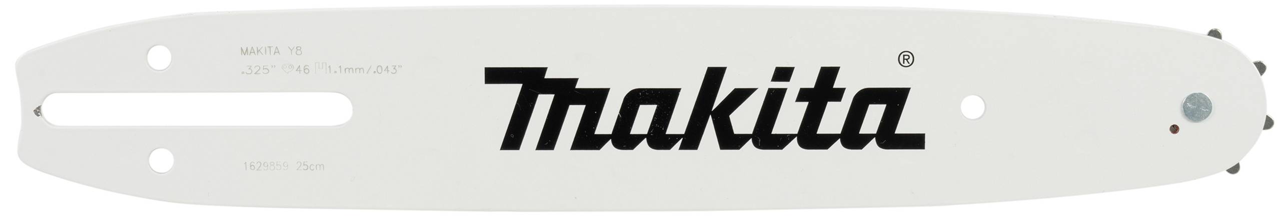 Sägeblatt einer Kettensäge der Marke Makita, weiß mit schwarz gedrucktem Logo auf der Oberfläche.