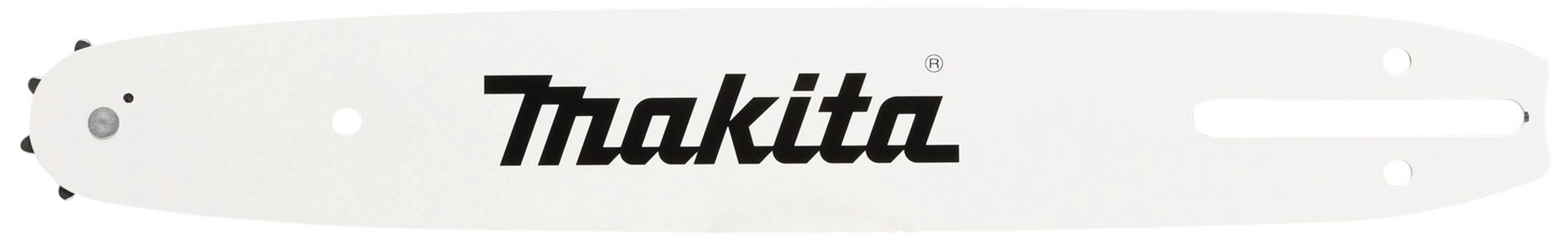 Ein Kettensägen-Schwert mit dem Logo 'Makita', das auf der weißen Oberfläche abgebildet ist.
