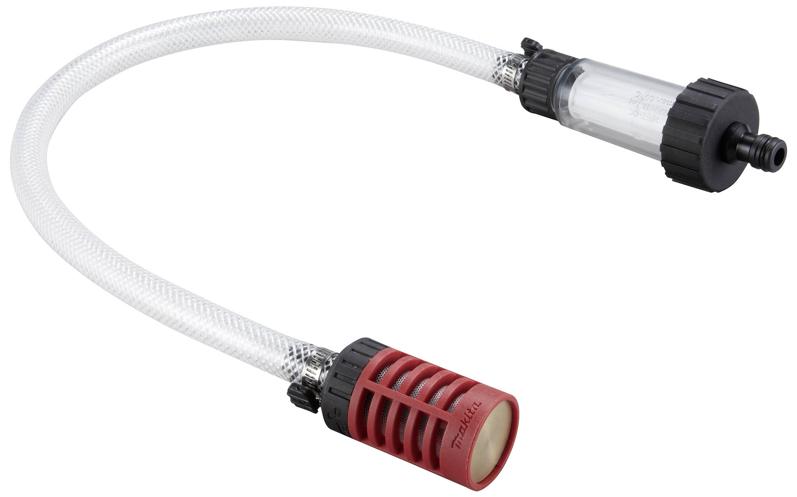 Ein transparenter flexibler Schlauch mit einem roten Filter auf der linken und einem schwarzen Anschluss auf der rechten Seite.