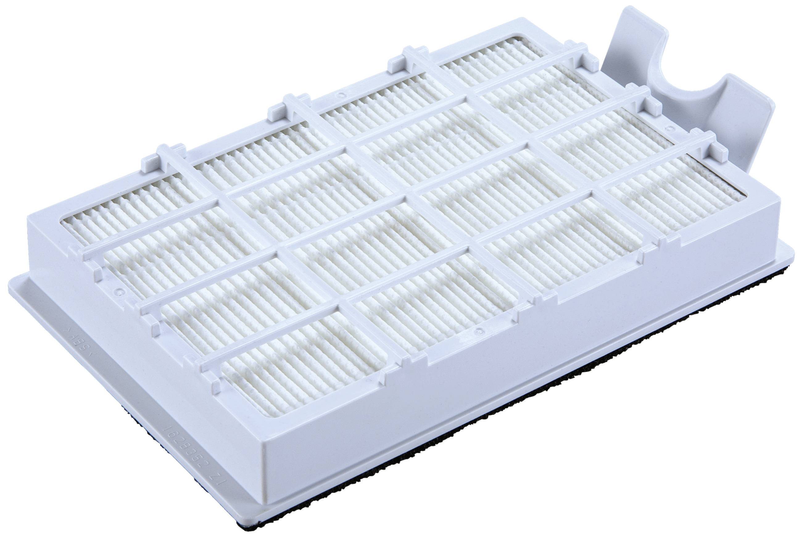 Ein weißer HEPA-Filter für Staubsauger, rechteckig mit einem Raster aus feinen Fasern, vor einem neutralen Hintergrund.
