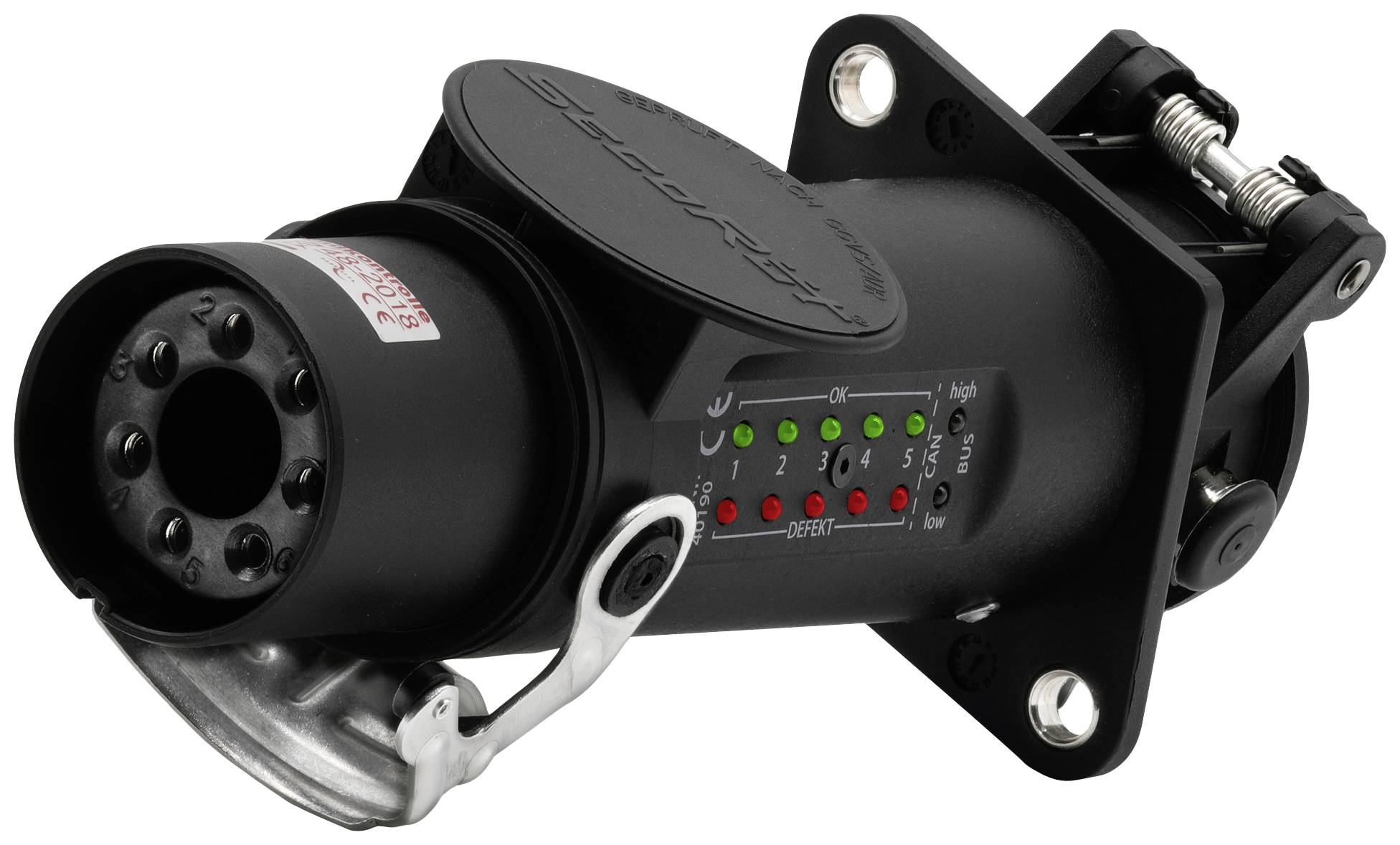 Elektrischer Verbinder mit runden Buchsen und einem Gehäuse, das Statusleuchten für verschiedene Funktionen anzeigt.