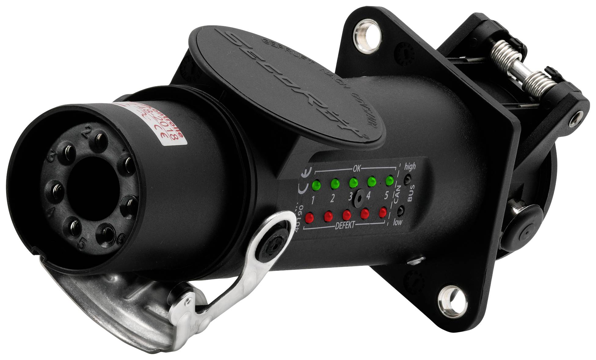 Ein schwarzer elektrotechnischer Anschlussstecker mit mehreren grünen und roten LEDs an der Seite, zeigt den Betriebsstatus an.