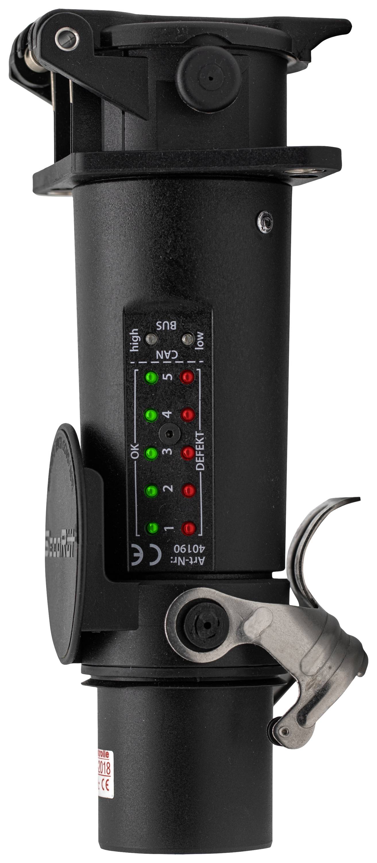 Schwarze mechanische Vorrichtung mit LED-Anzeigen und Hebel, beschriftet mit 'Bus', 'Low', 'High' und technischen Spezifikationen.