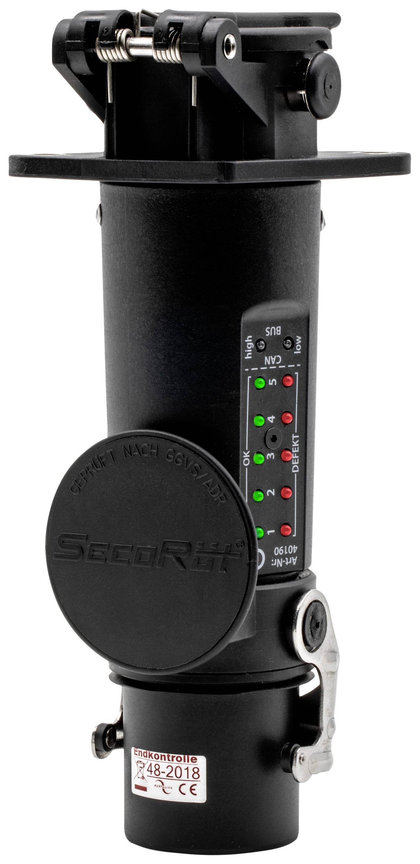 Ein Sensorrohr mit verschiedenen LED-Anzeigen für den Status. Es hat eine schwarze Abdeckung mit der Aufschrift 'Seccor'.