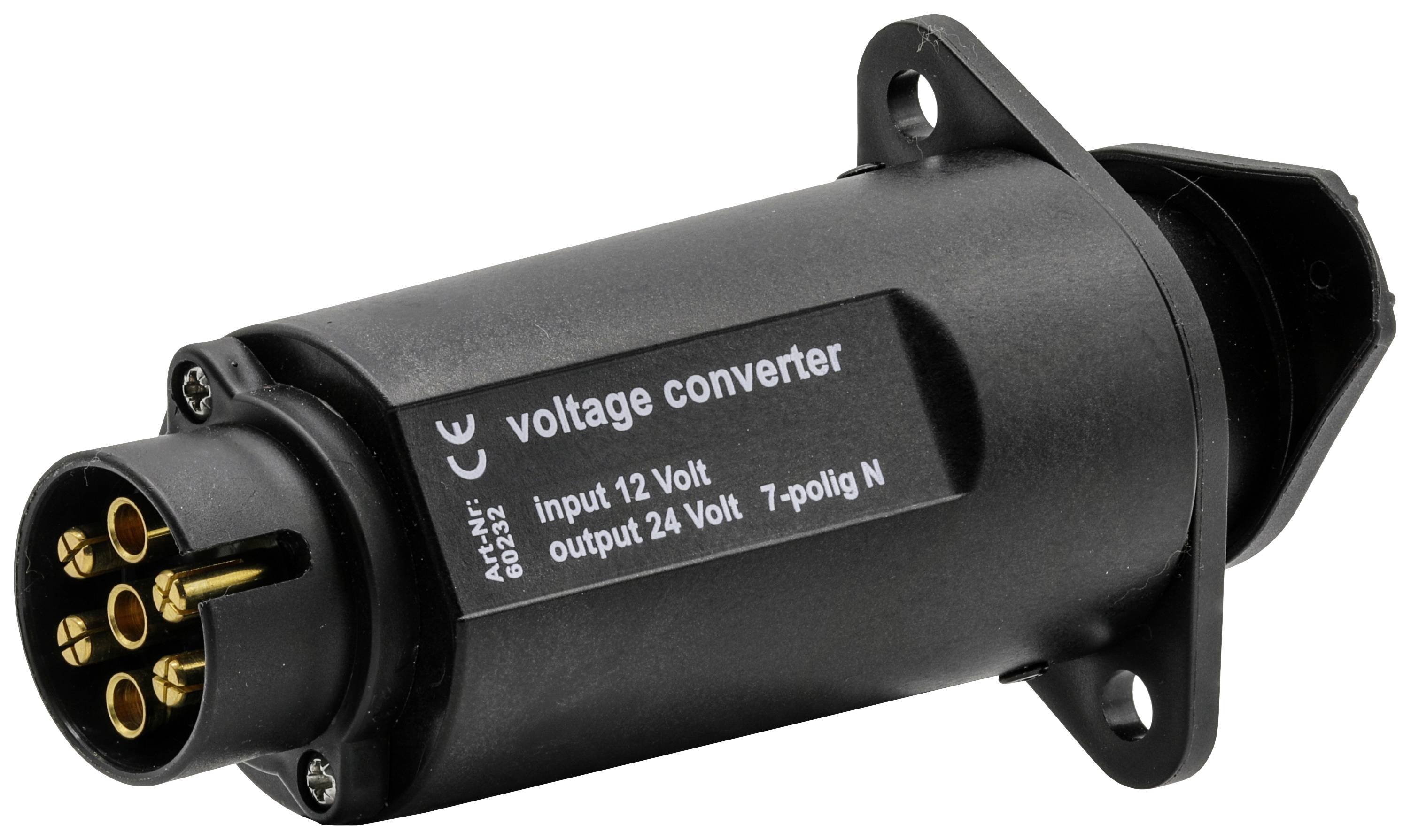Spannungswandler, Eingang 12 Volt, Ausgang 24 Volt, 7-polig, schwarze Farbe, zylindrische Form, mit Befestigungsflanschen.