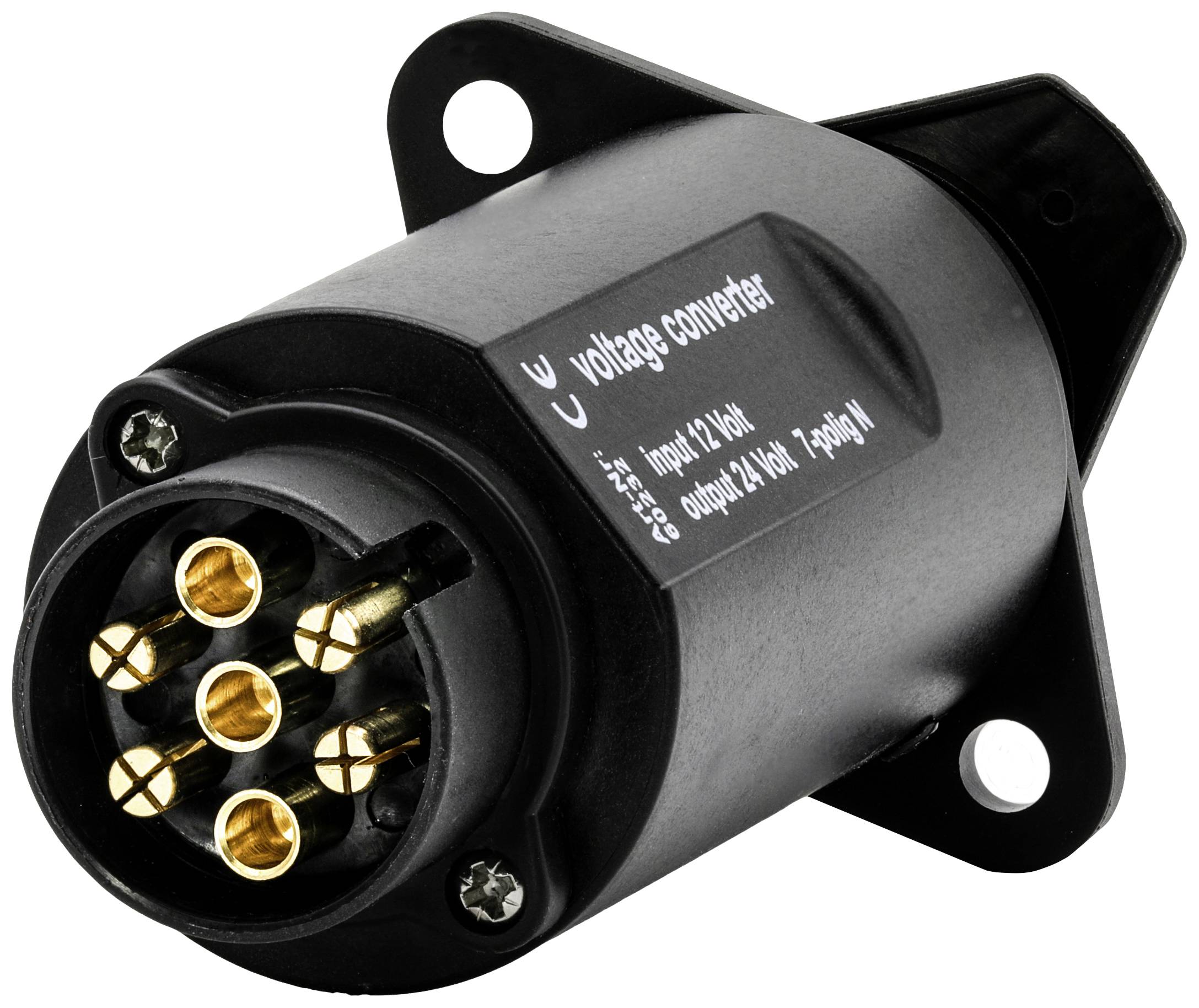 Schwarzer Spannungswandler mit goldenen Kontakten, beschriftet mit 'Voltage Converter: Input 12V DC, Output 24V DC, 5 A'.