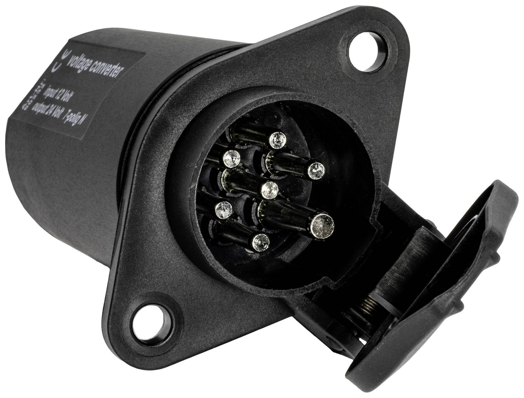 Ein schwarzer elektrischer Stecker mit mehreren Kontaktstiften und einer schützenden Kunststoffabdeckung, geöffnet dargestellt.