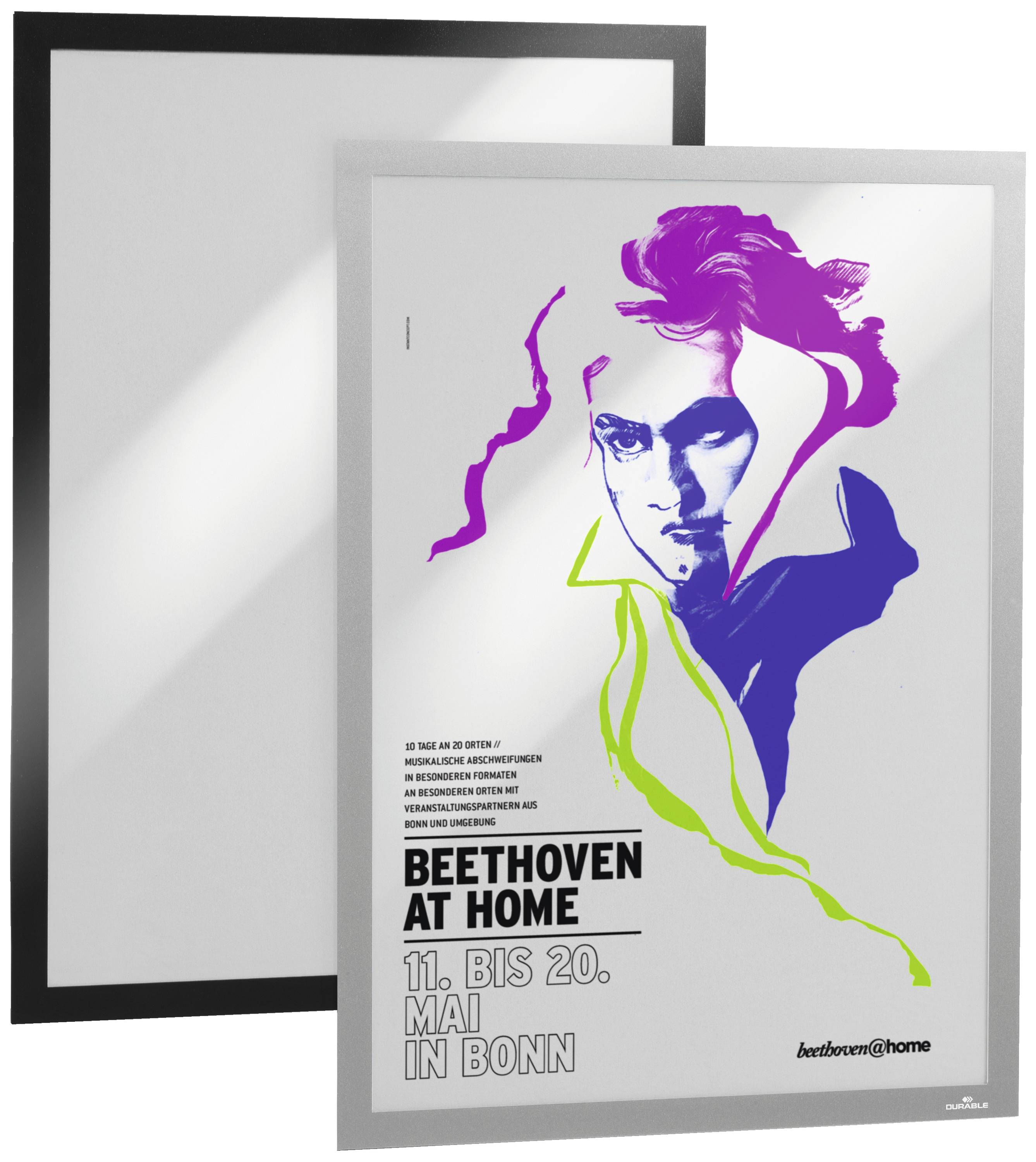 Poster für 'Beethoven at Home' in Bonn, 11.-20. Mai. Künstlerische Darstellung von Beethoven in bunten Tönen, Textdetails unten links.