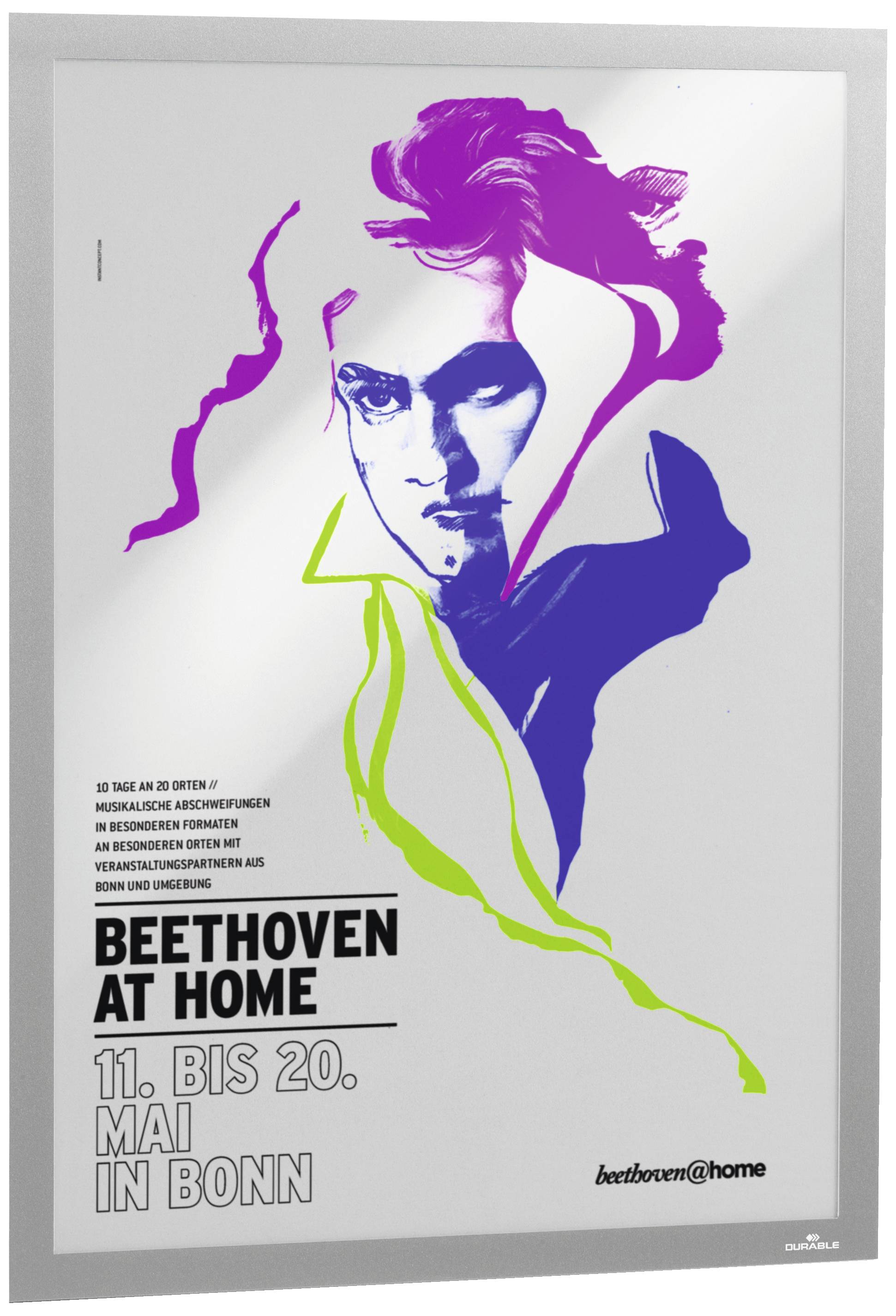 Plakat mit stilisiertem Porträt von Beethoven in bunten Farben. Text: 'Beethoven at Home, 11. bis 20. Mai in Bonn'.