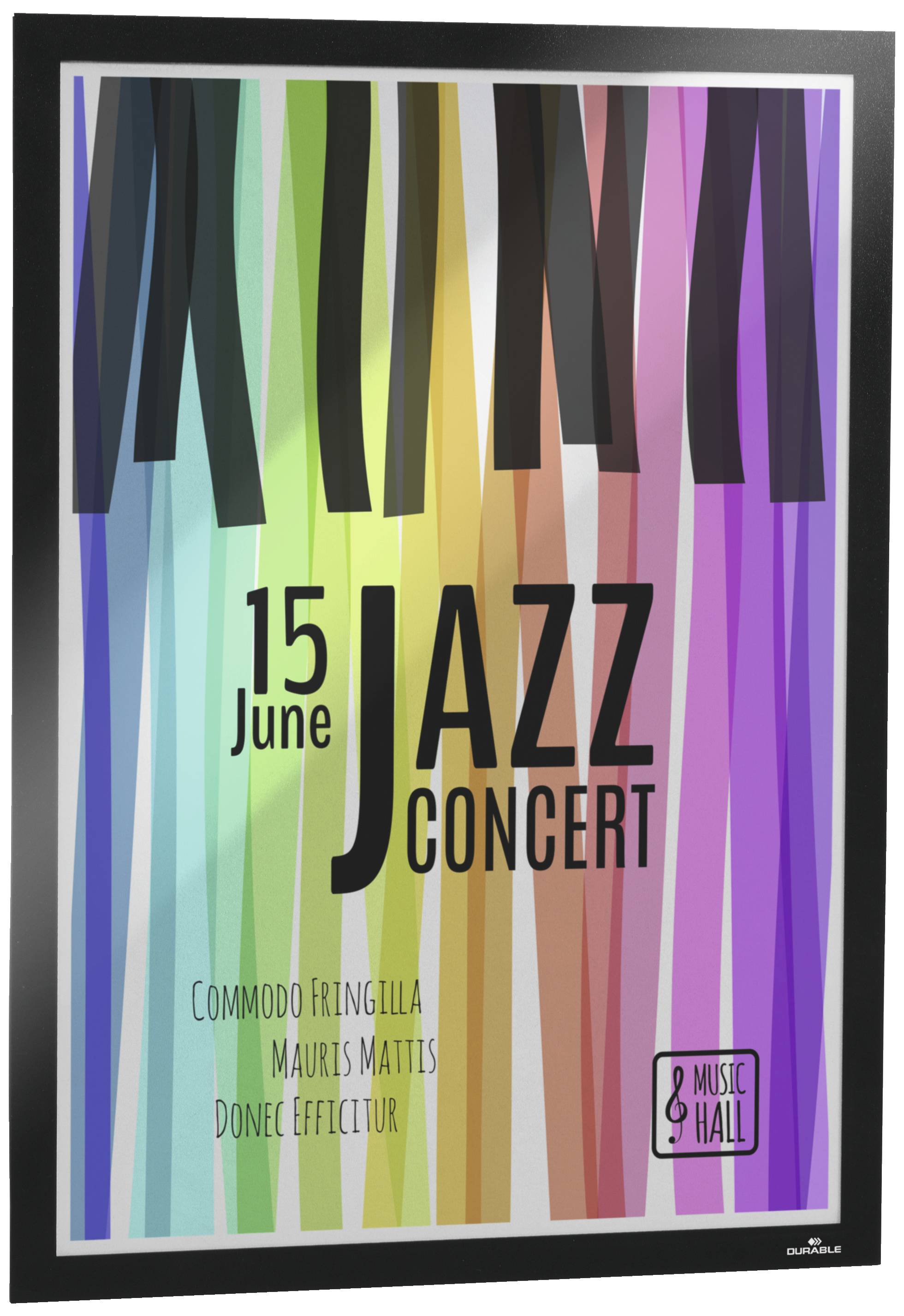 Poster für ein Jazzkonzert am 15. Juni. Bunte Streifen im Hintergrund. Text: 'Commodo Fringilla, Mauris Mattis, Donec Effictur'. Music Hall Logo unten.