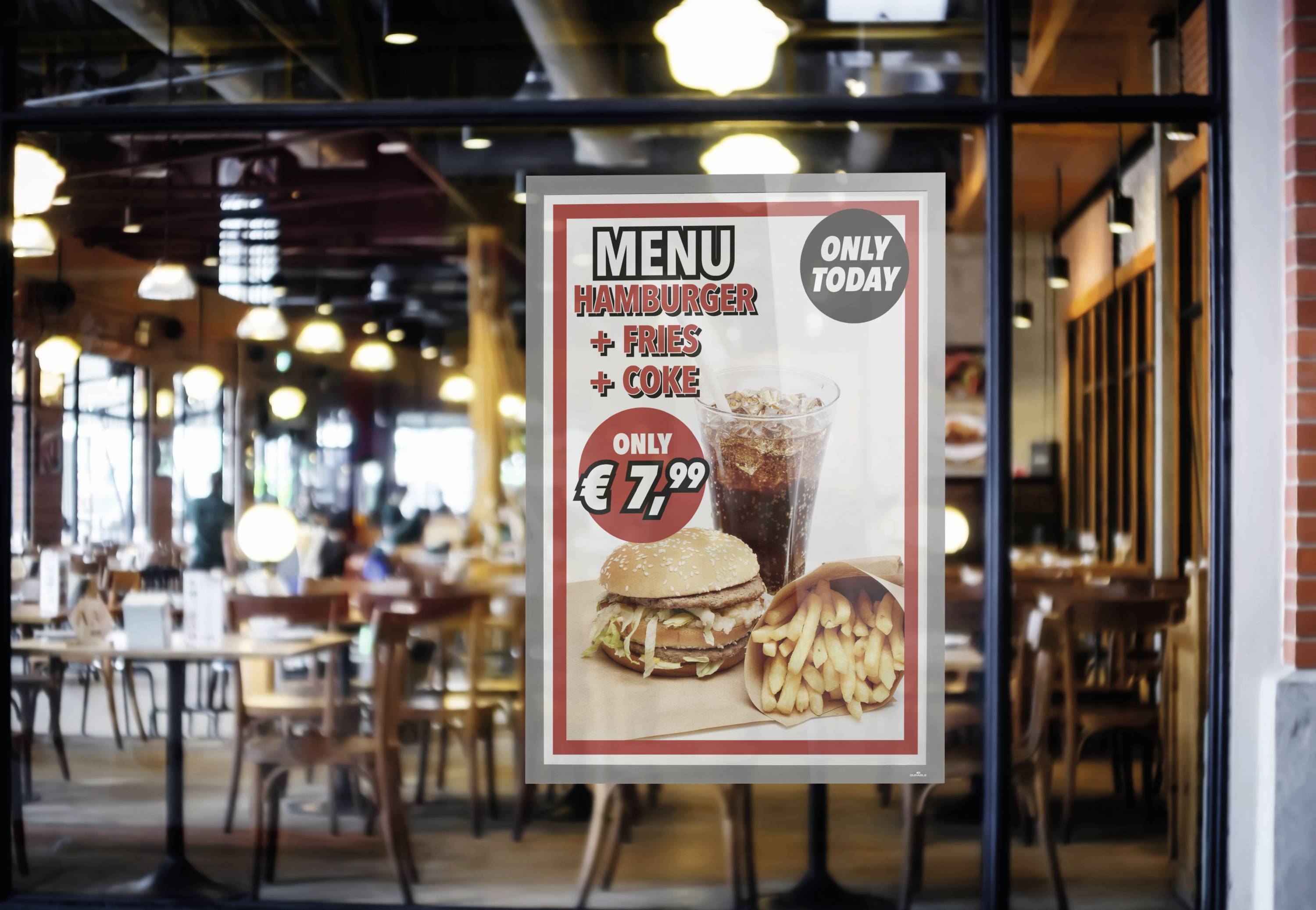Plakat für Menüangebot: 'Hamburger + Pommes + Cola nur 7,99 EUR'. Sonderangebot 'Nur heute'. Im Hintergrund Sitzbereich eines Restaurants.