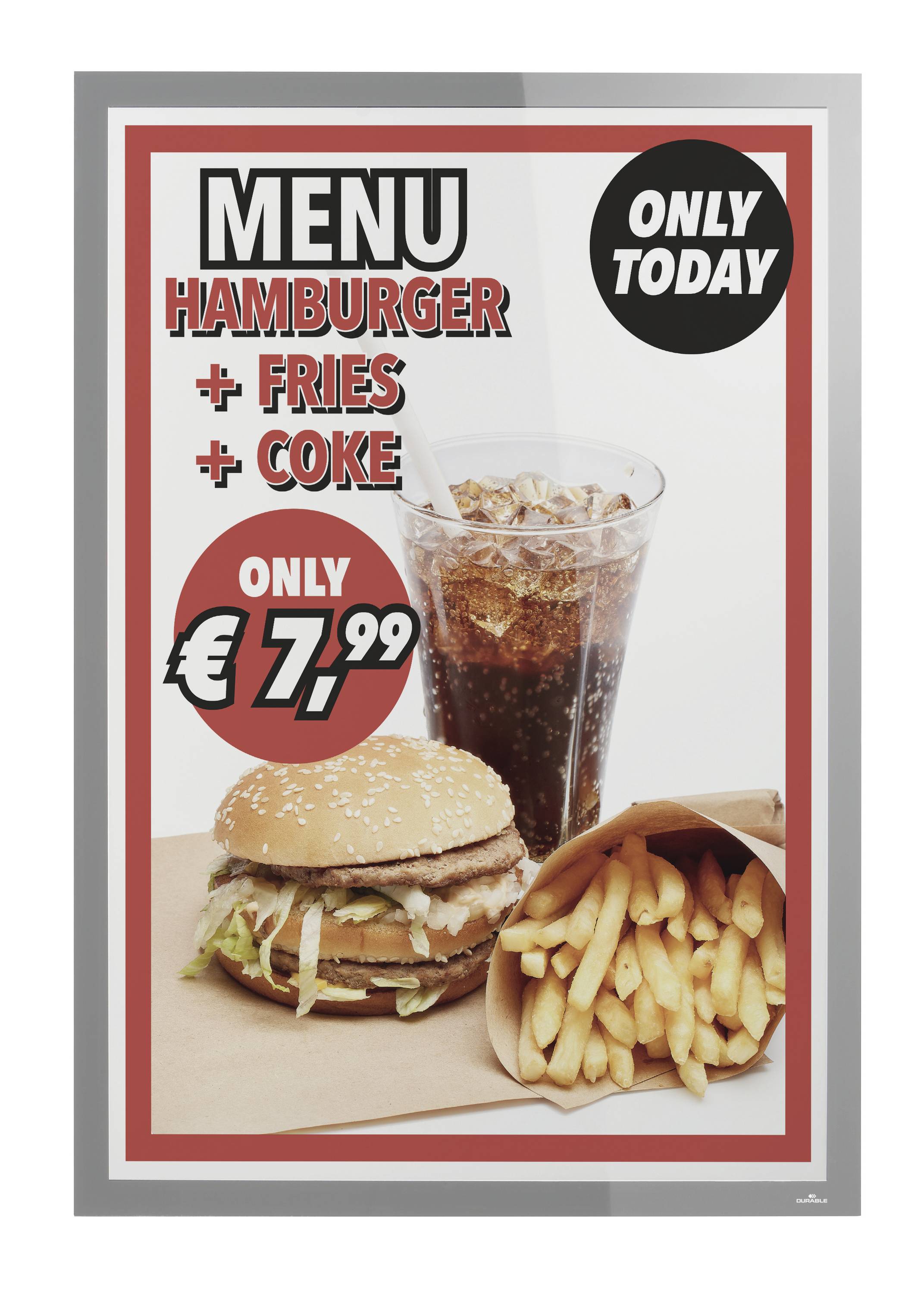 Werbeplakat zeigt ein Menüangebot bestehend aus Hamburger, Pommes und Cola für 7,99 Euro, nur heute gültig.