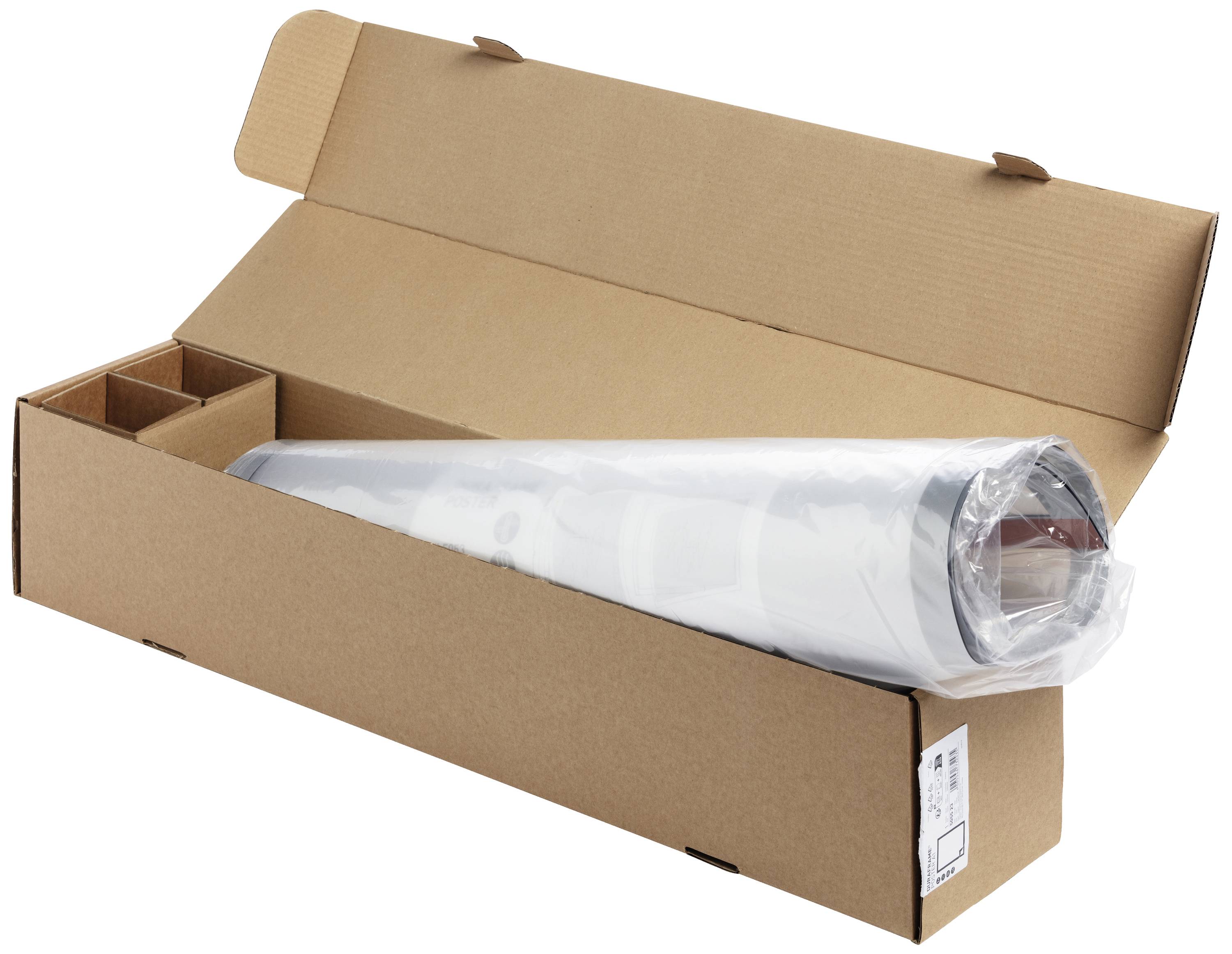 Geöffneter brauner Karton mit einer in Plastik verpackten Rolle. Der Karton hat Fächer, vermutlich für Zubehör.
