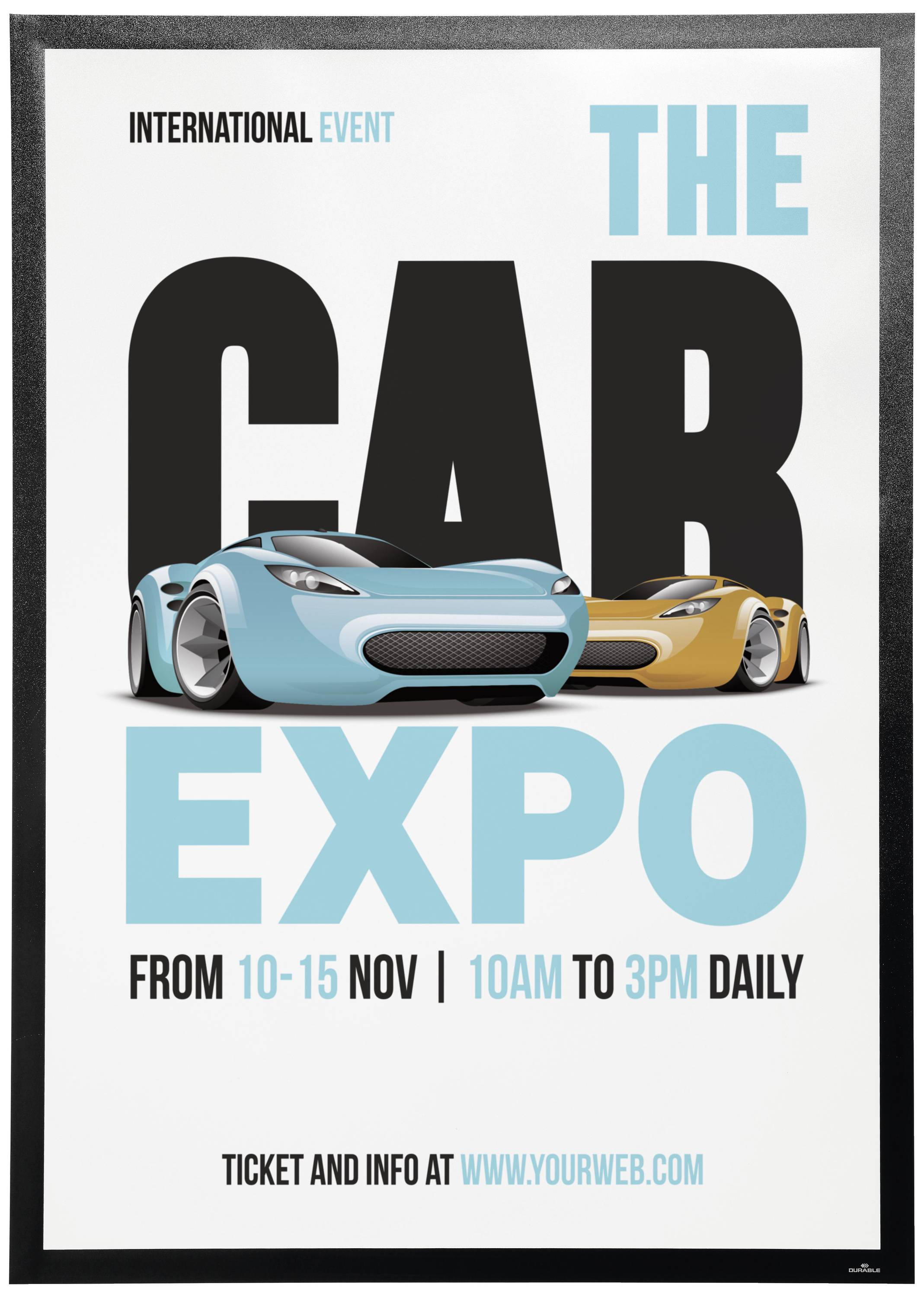 Plakat für die 'Car Expo' vom 10.-15. Nov, täglich 10-15 Uhr. Zeigt zwei Sportwagen. Weitere Infos und Tickets auf www.yourweb.com.