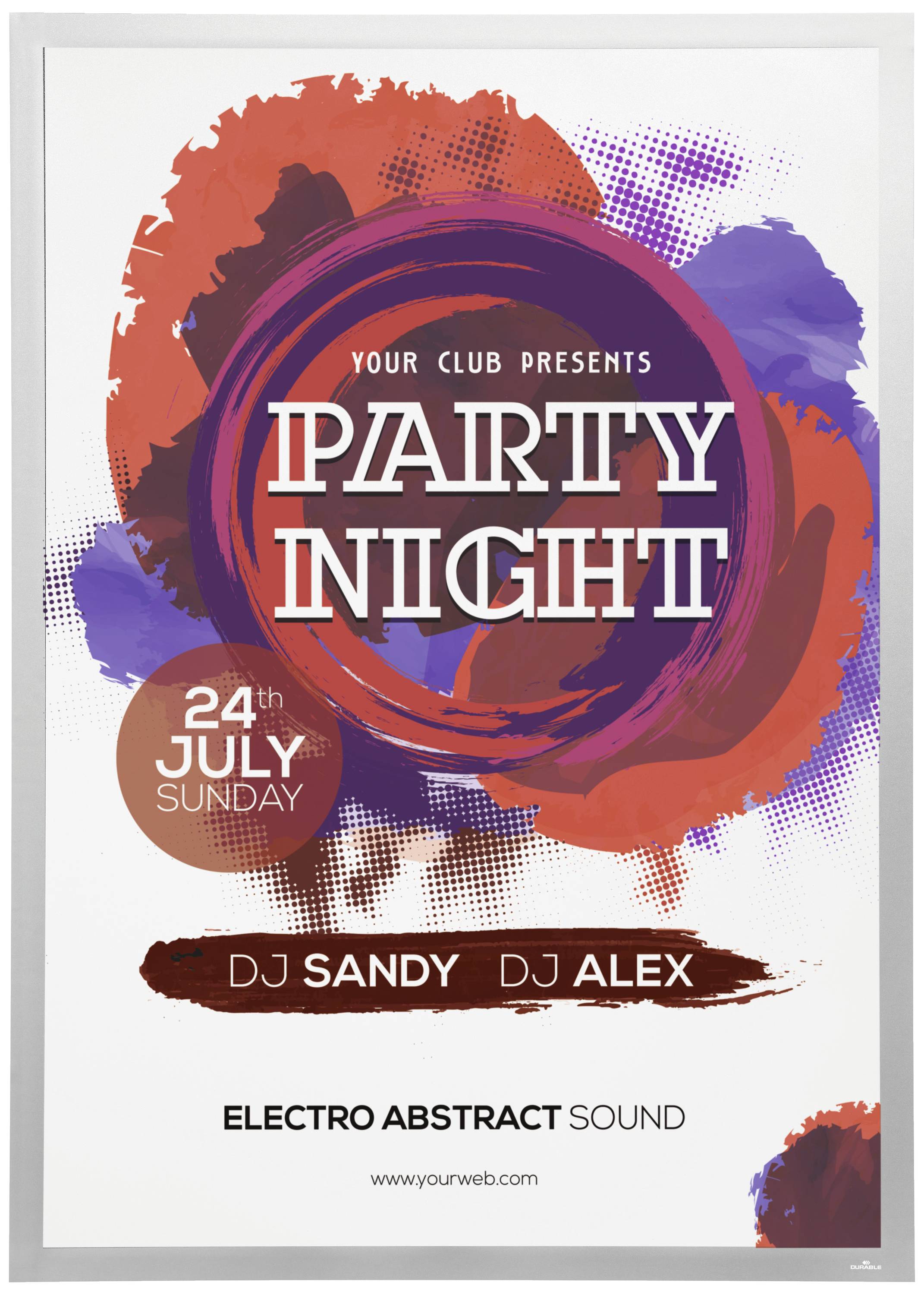 Plakat für 'Party Night' am 24. Juli mit DJ Sandy und DJ Alex in Ihrem Club. Farbenfrohe abstrakte Grafik im Hintergrund.
