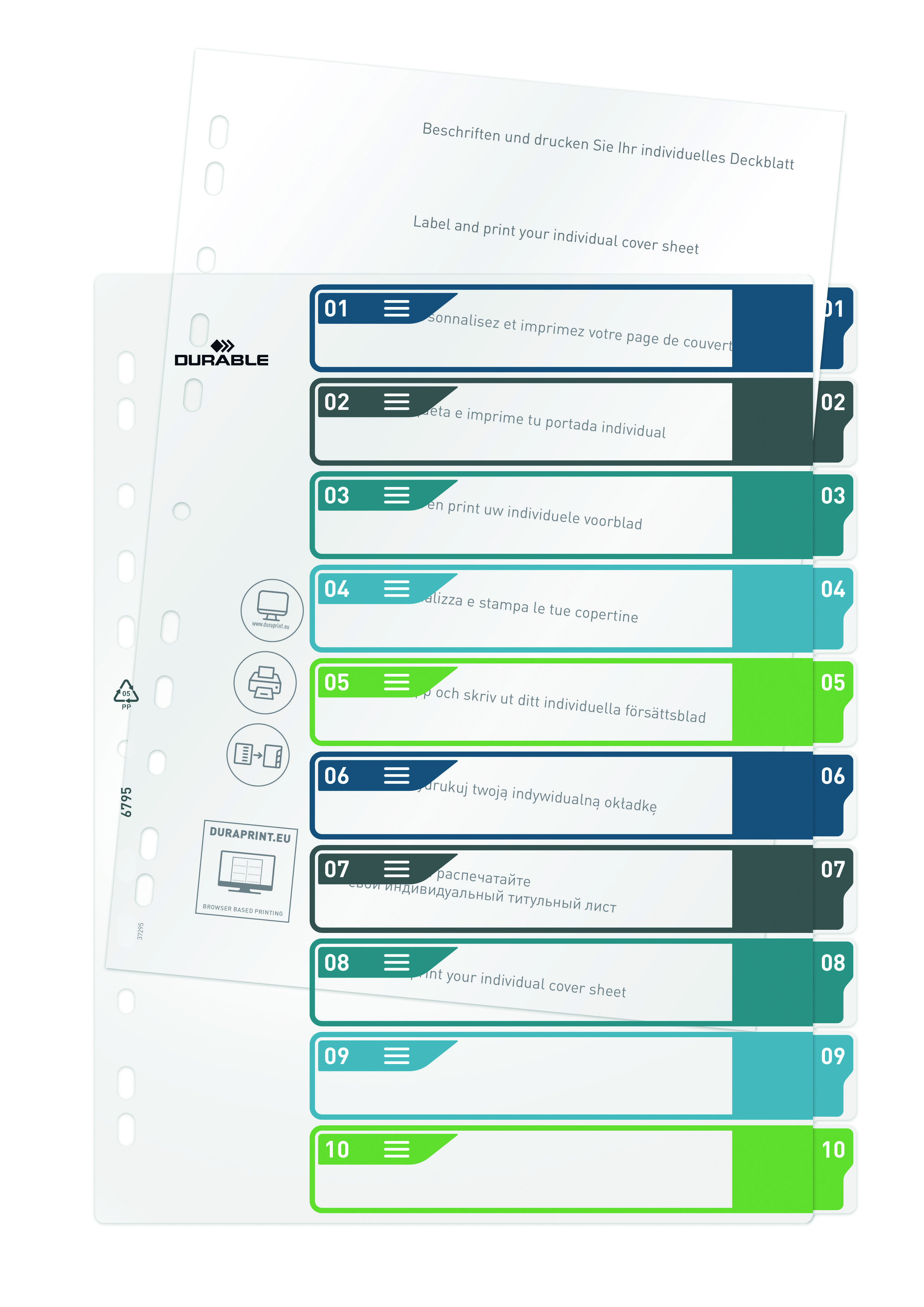 Registerdeckblatt mit 10 farbigen Taben, numeriert von 1 bis 10. Beschriftungsfeld oben für individuelle Anpassung.