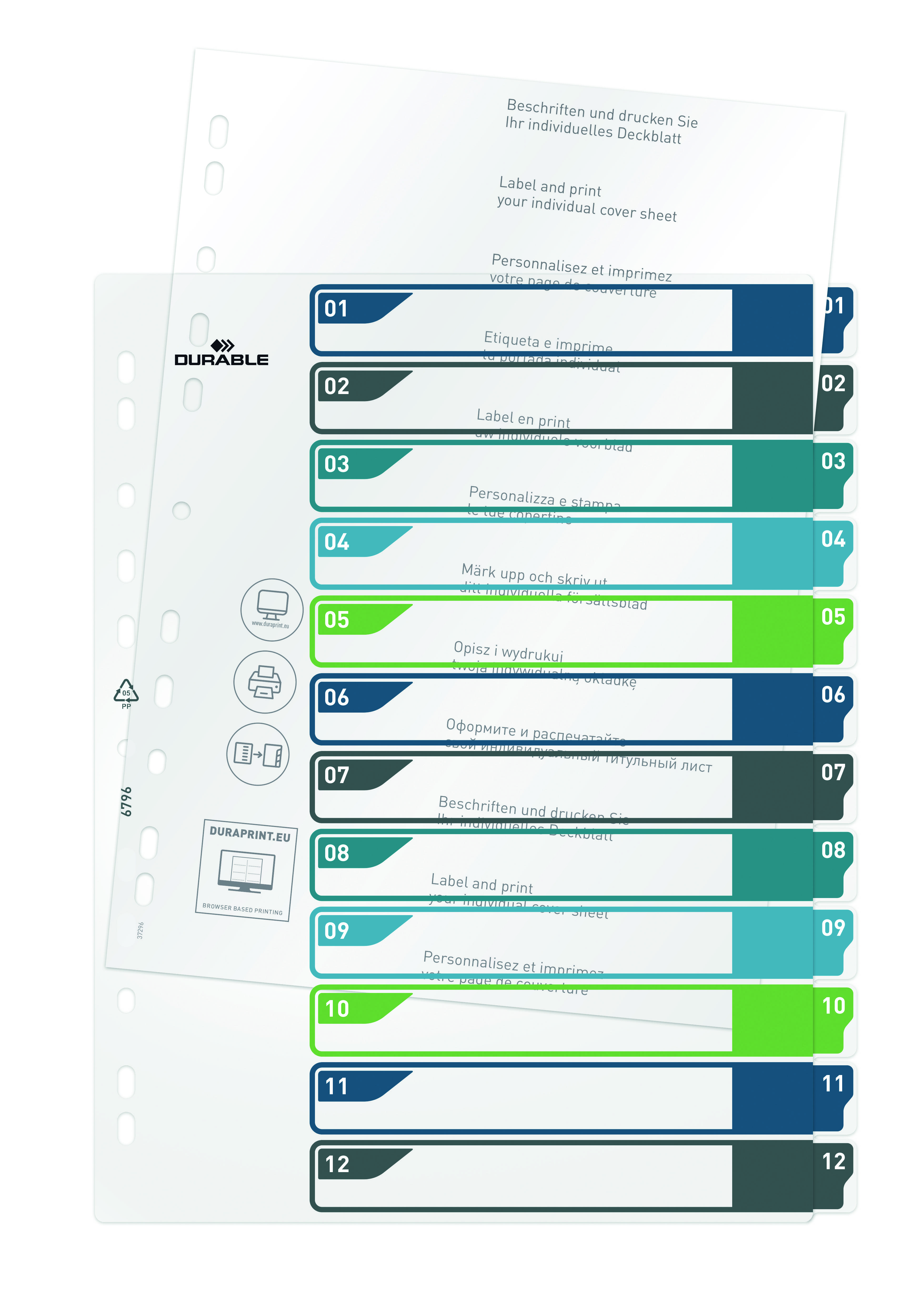 Registersatz mit zwölf beschriftbaren Registern, verdeutlicht durch mehrsprachige Beschriftungen und Farbvariationen für Organisation.