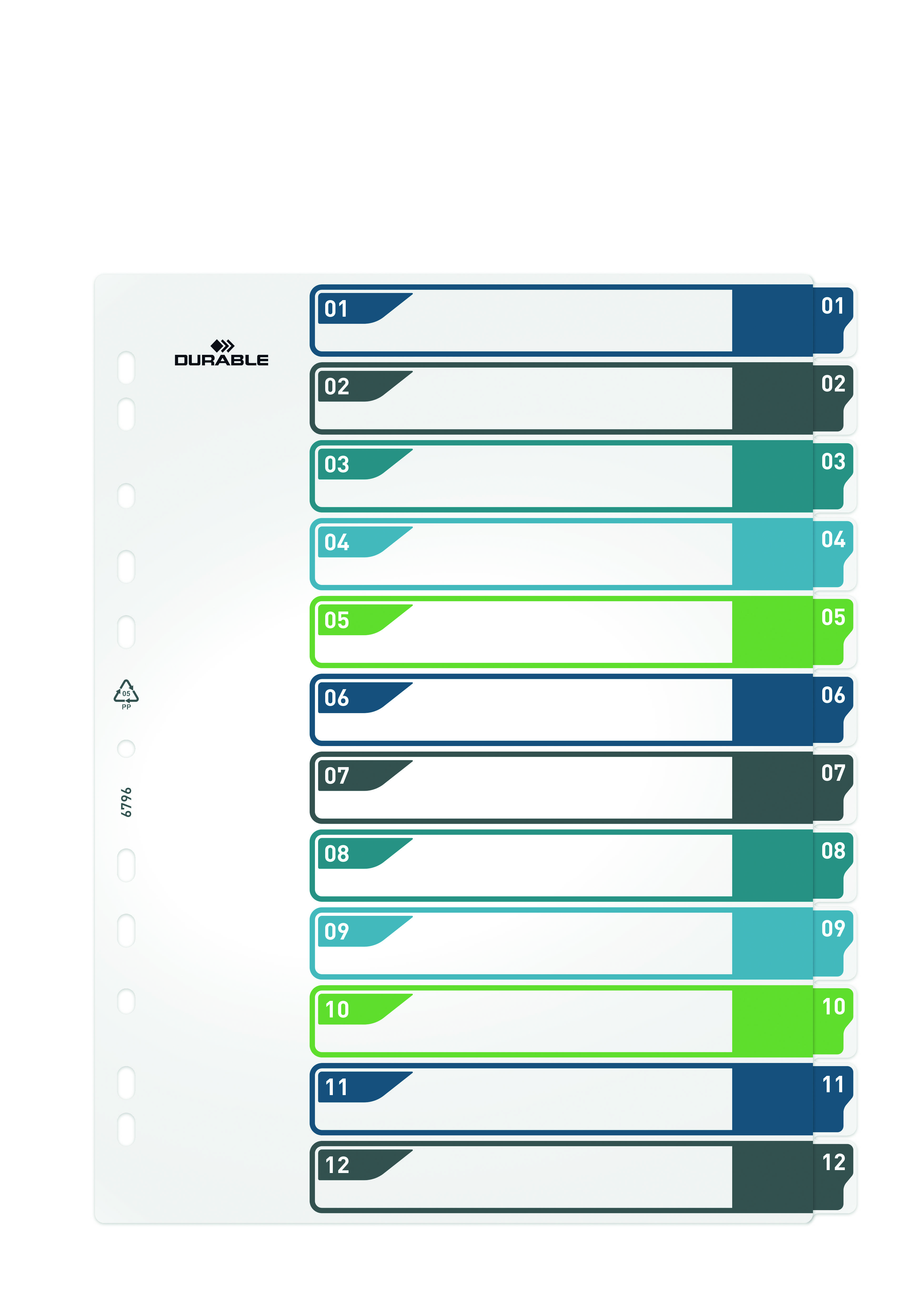 Registerkarte mit zwölf farbigen Reitern von 1 bis 12, geeignet zur Organisation und Strukturierung von Dokumenten in einem Ordner.