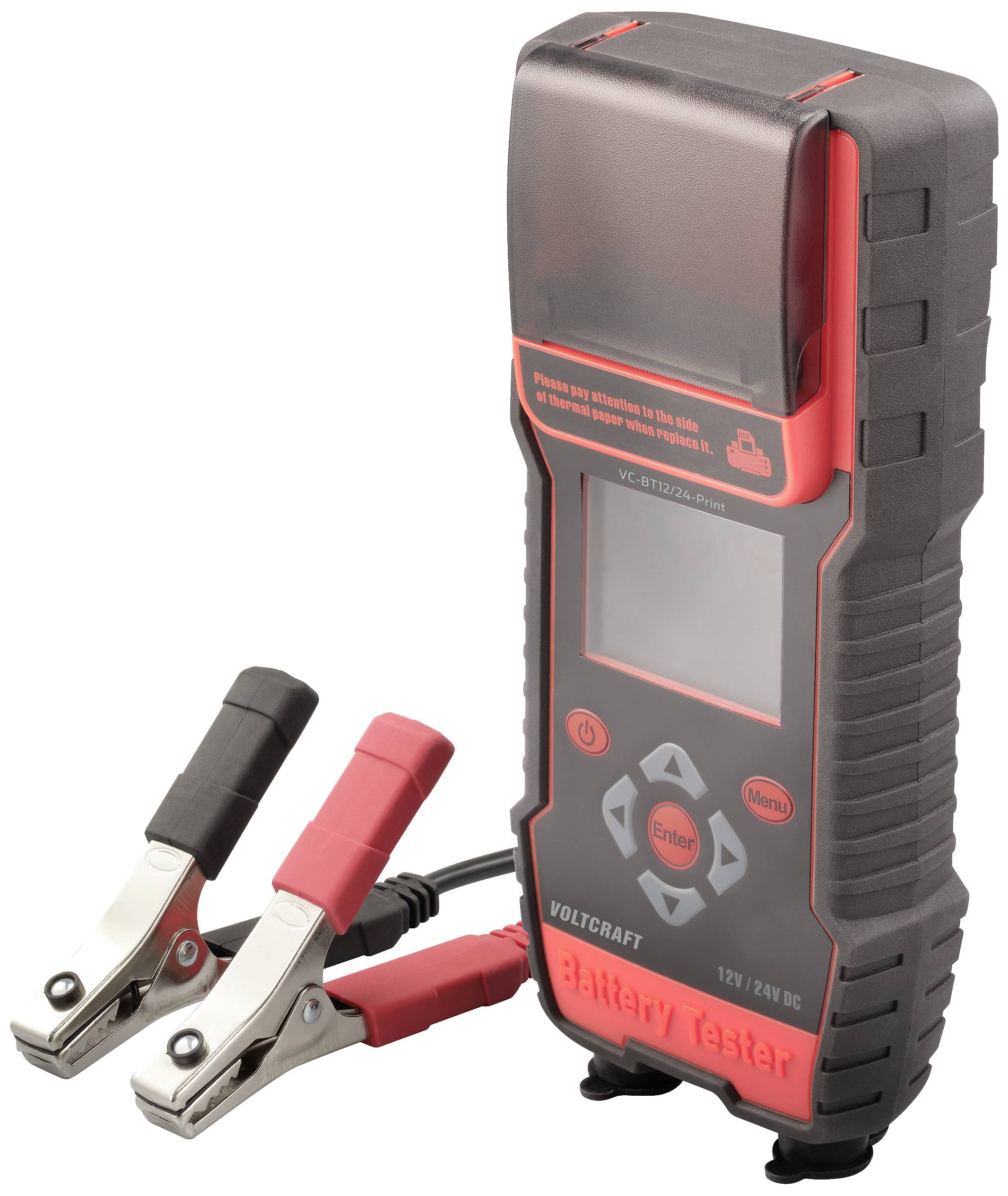 Batterietester mit digitalem Display, roten und schwarzen Krokodilklemmen. Gerät zur Überprüfung von 12V/24V Autobatterien.