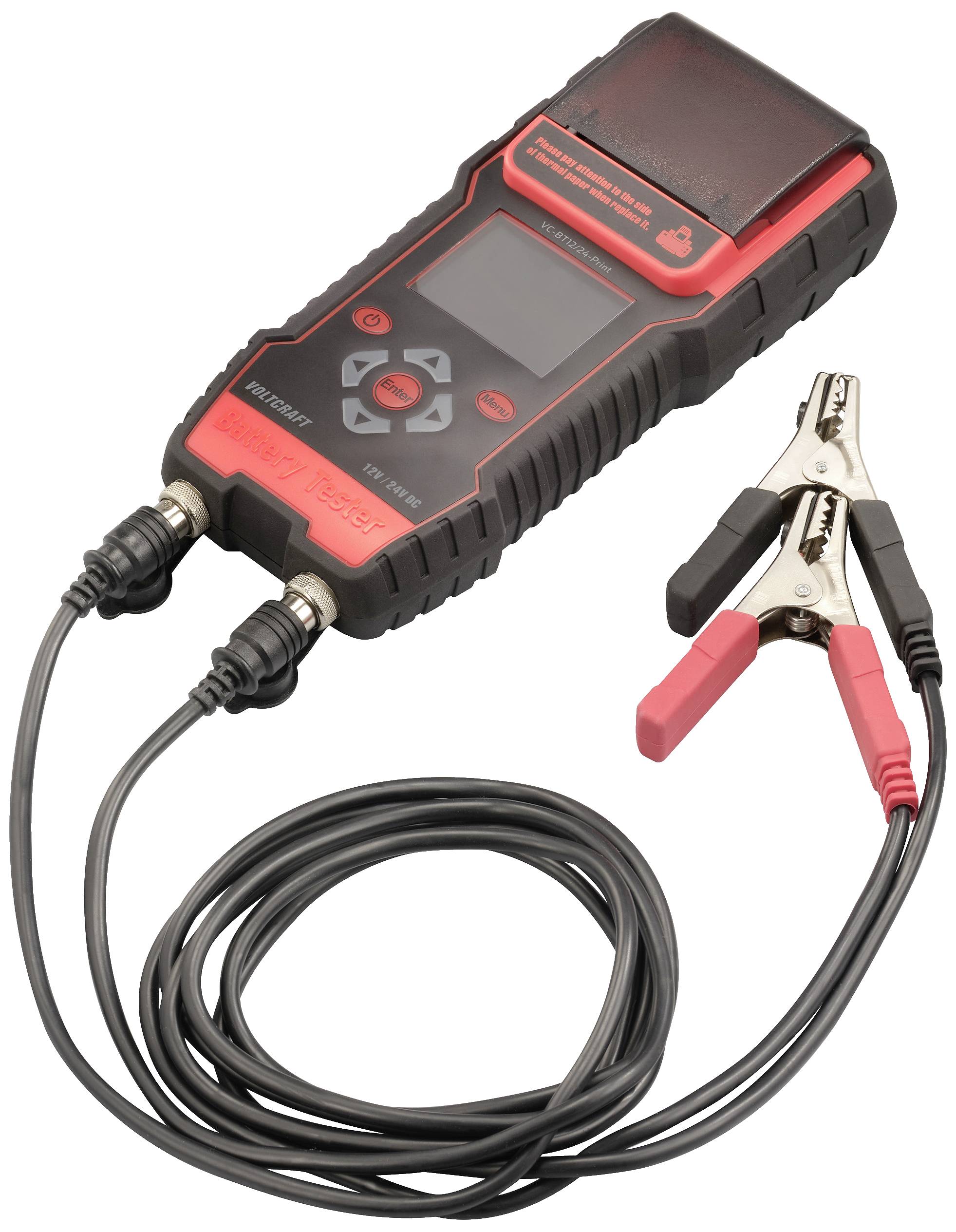 Ein schwarzes und rotes Batterieladegerät mit digitalem Display und Kabeln mit Krokodilklemmen zur Verbindung mit Autobatterien.