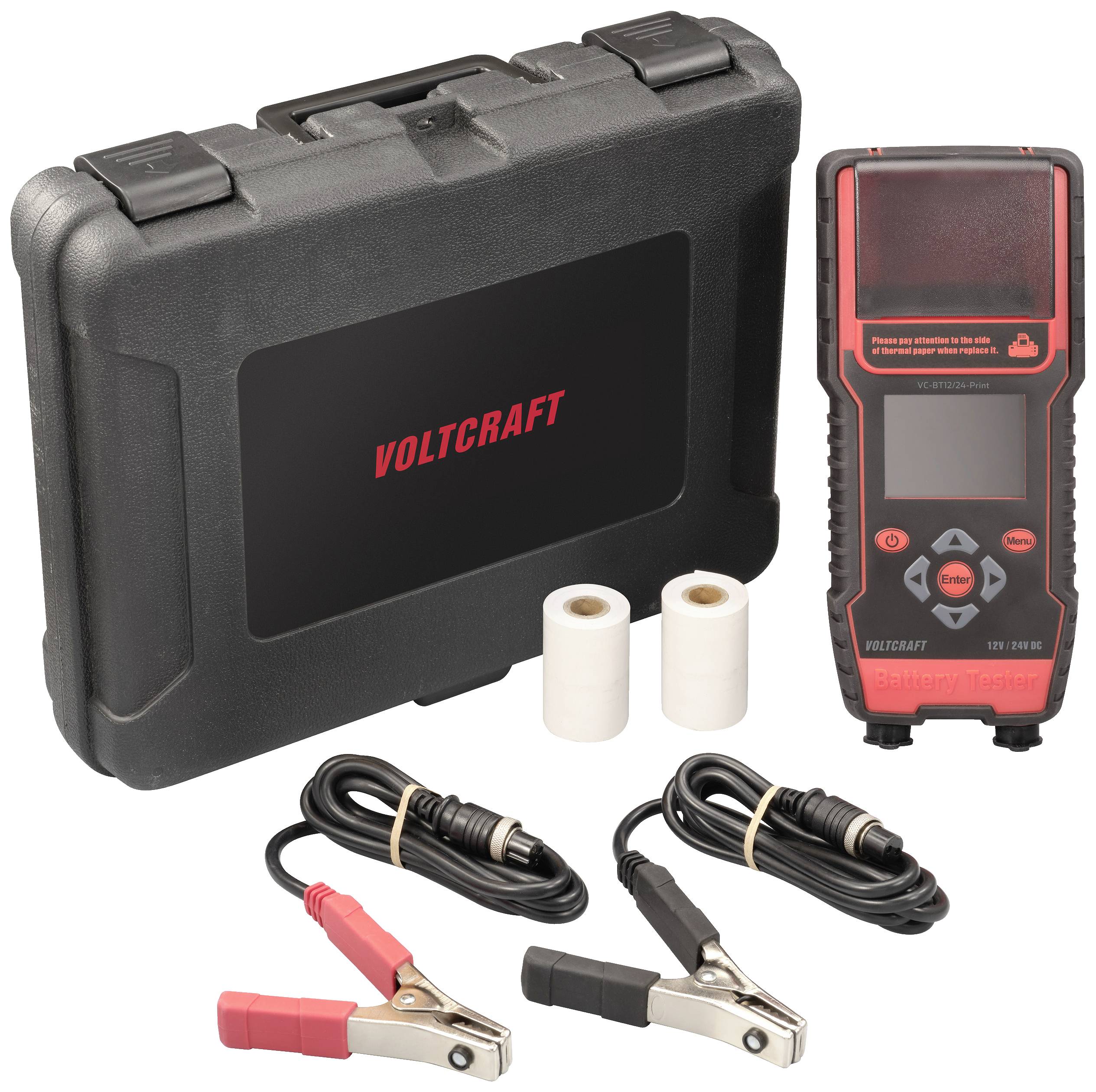 Batterietester-Set mit digitalem Messgerät, Koffer, zwei Papierrollen und Kabeln mit Klemmen zur Fahrzeugdiagnose.