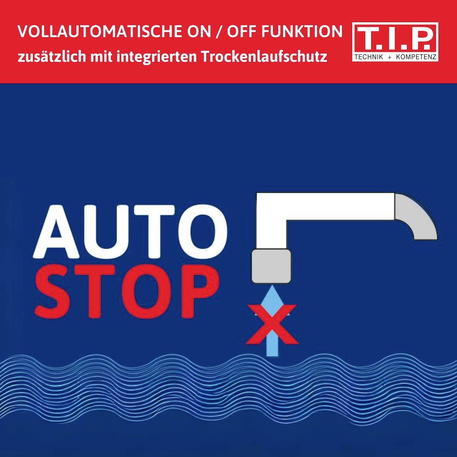 'Auto Stop' Funktion für Wasserhähne mit automatischer Ein-/Ausschaltung und integrierter Trockenlaufschutz.