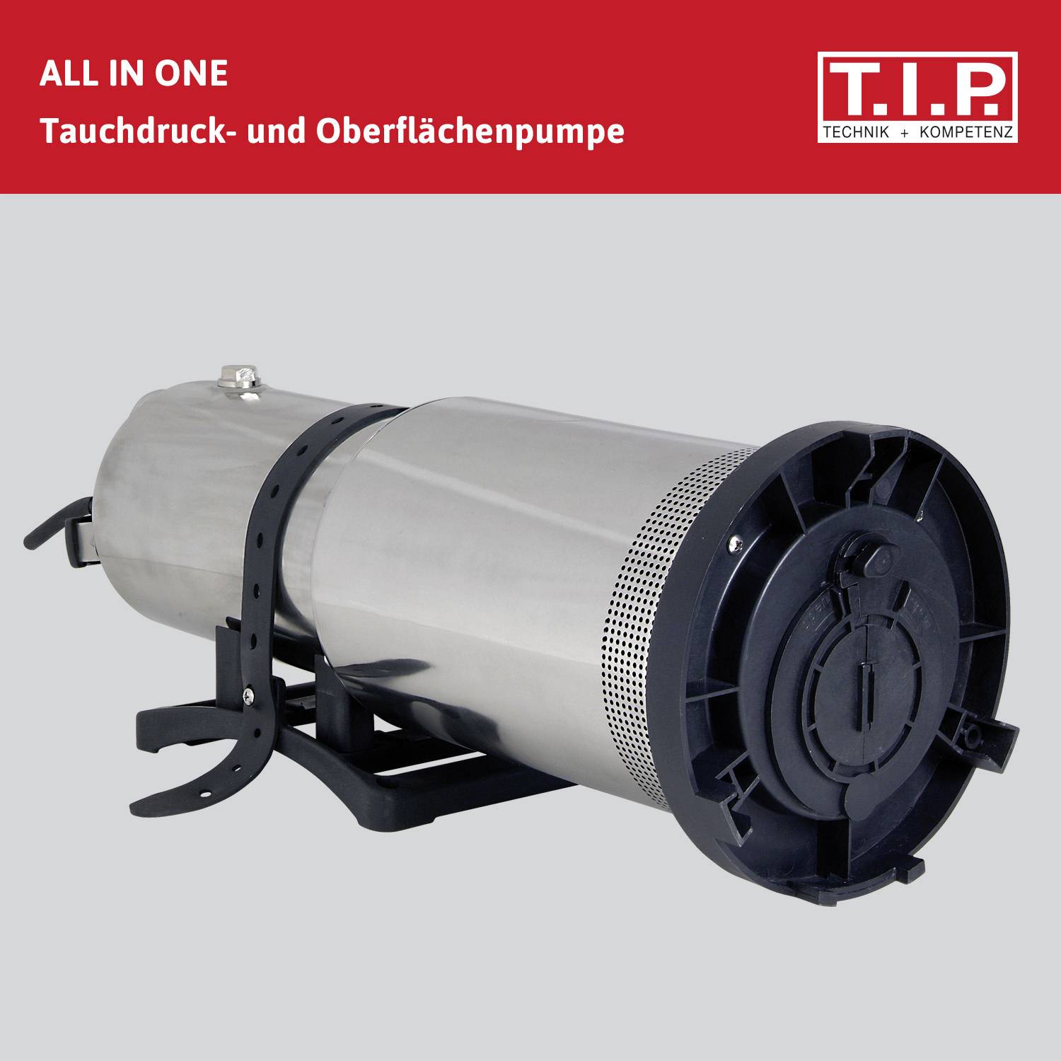 Tauchdruck- und Oberflächenpumpe aus Edelstahl mit Halterungen, geeignet für vielfältige Einsatzbereiche, abgebildet auf grauem Hintergrund.