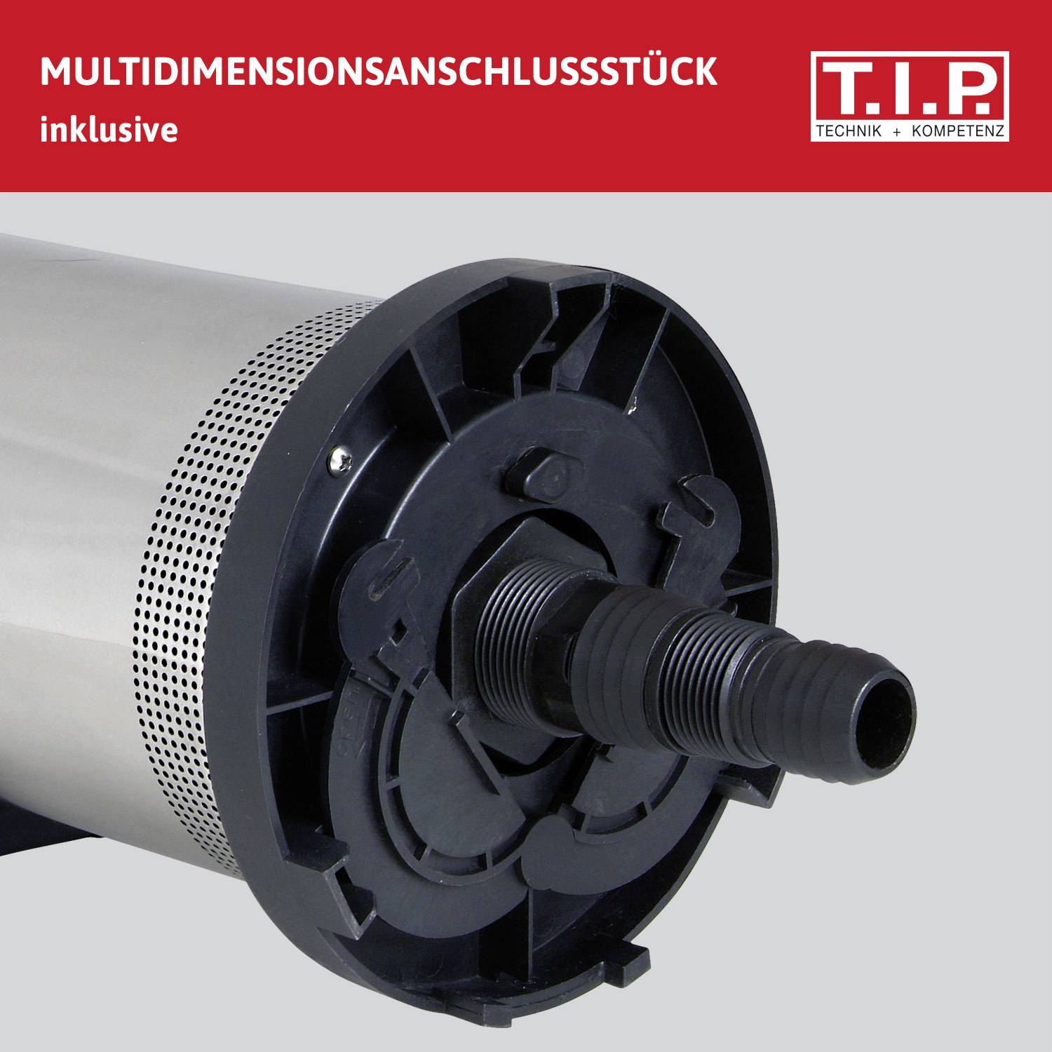 'Multidimensionsanschlussstück inklusive' ist auf der Verpackung einer Technikausrüstung abgebildet, darunter das T.I.P. Logo.