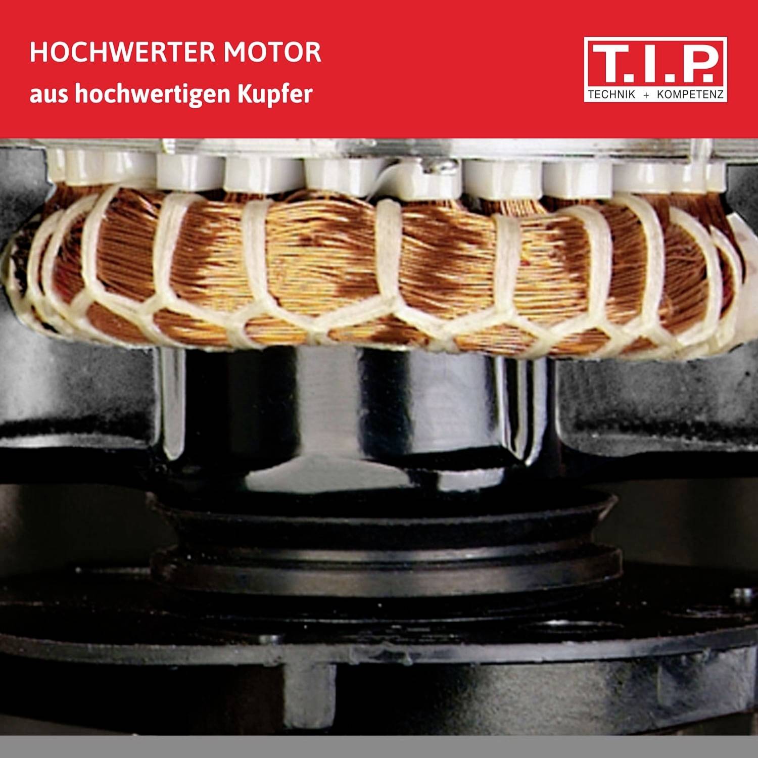 Hochwertiger Elektromotor mit Kupferspulen, beworben für seine Qualität und Leistung. Text: 'HOCHWERTIGER MOTOR aus hochwertigem Kupfer'.