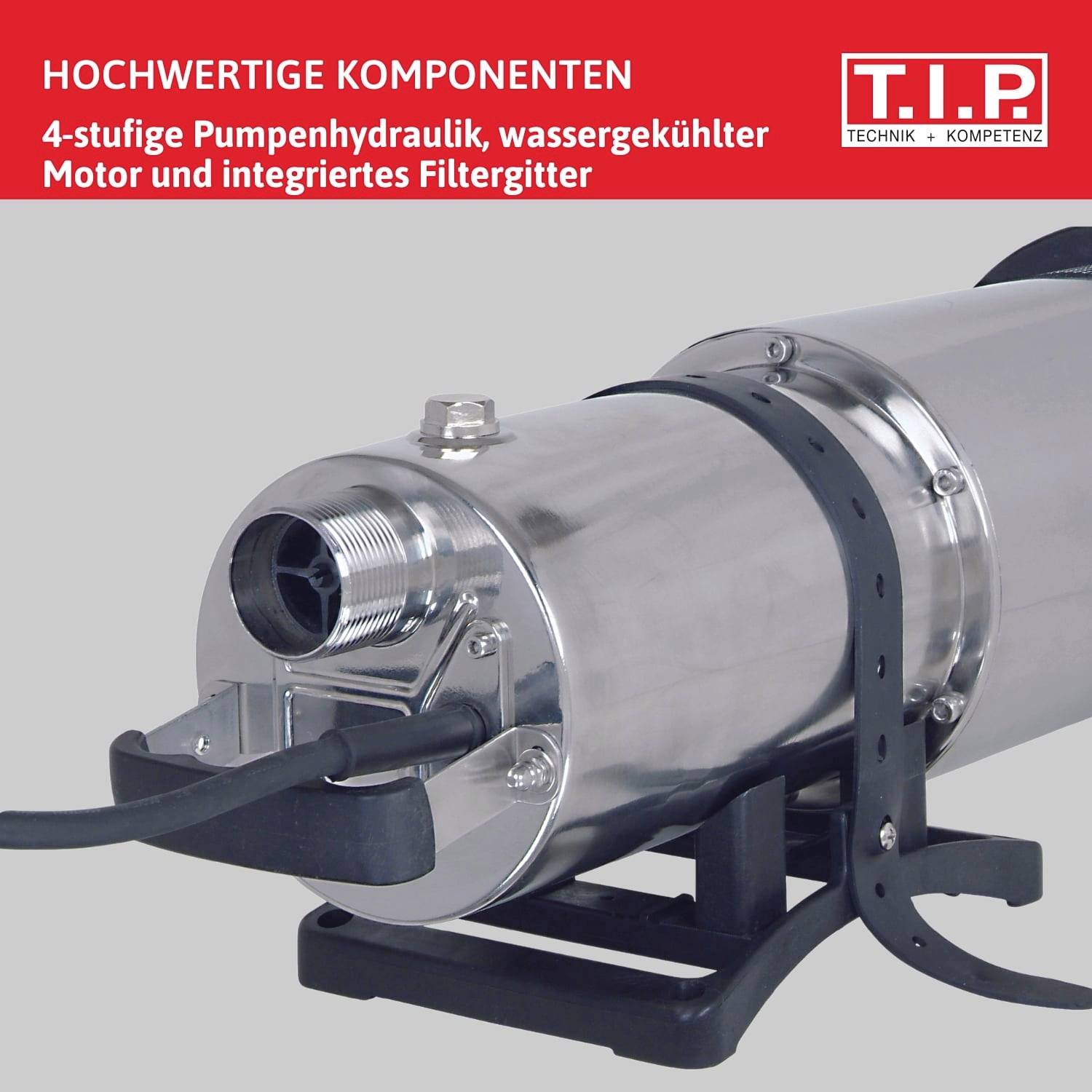 'Hochwertige Pumpenkomponenten: 4-stufige Pumpenhydraulik, wassergekühlter Motor und leistungsfähiger Filter' auf grauem Hintergrund.