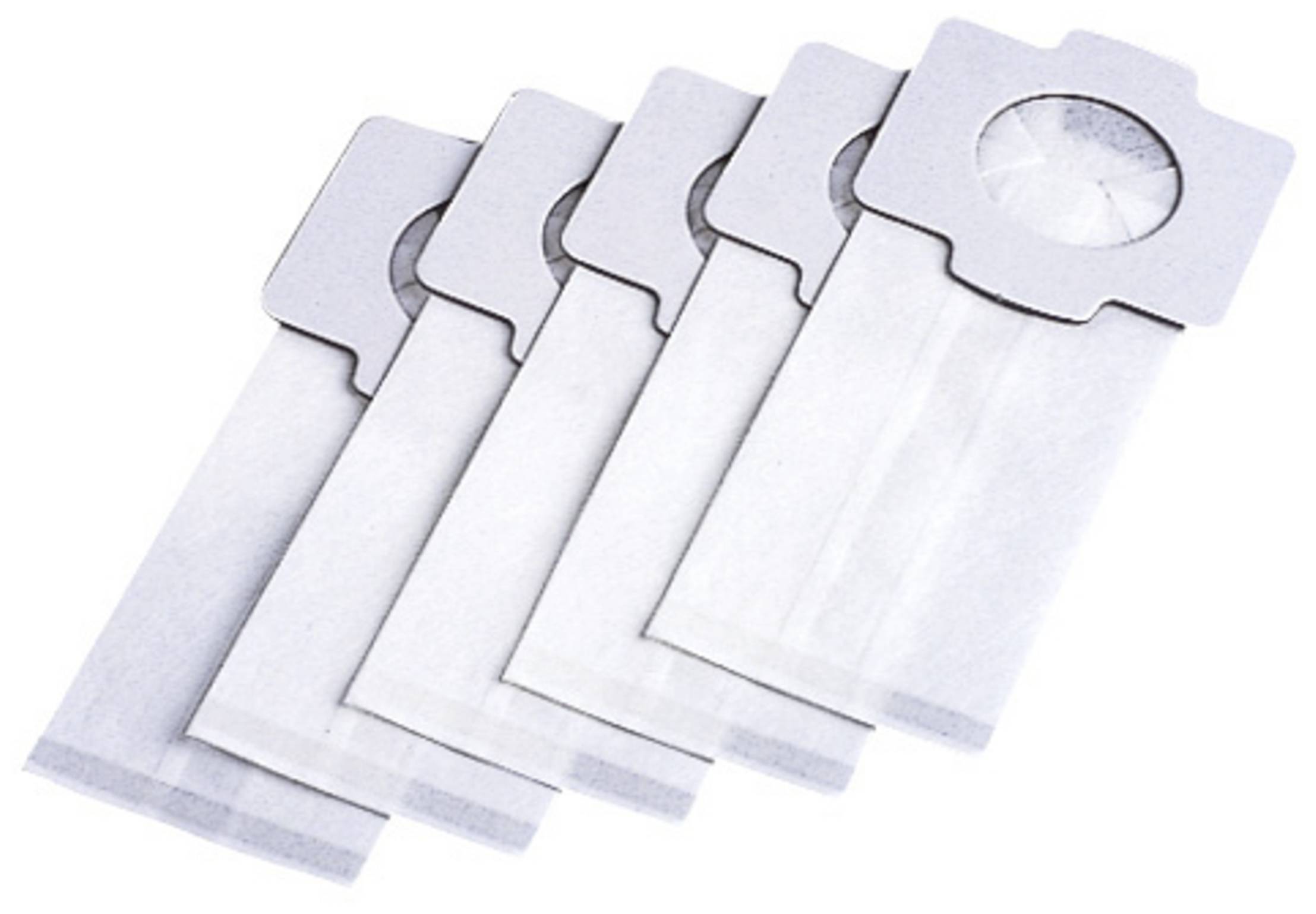 Mehrere weiße Staubsaugerbeutel in einer leicht gefächerten Anordnung liegen auf einem Tisch.