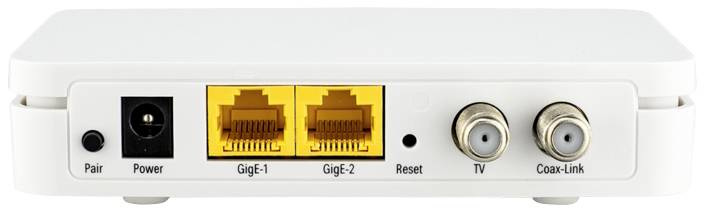 Ein Router mit Anschlüssen für Strom, zwei Gigabit-Ethernet-Ports, Reset-Knopf, TV und Koaxialverbindung auf der Rückseite.