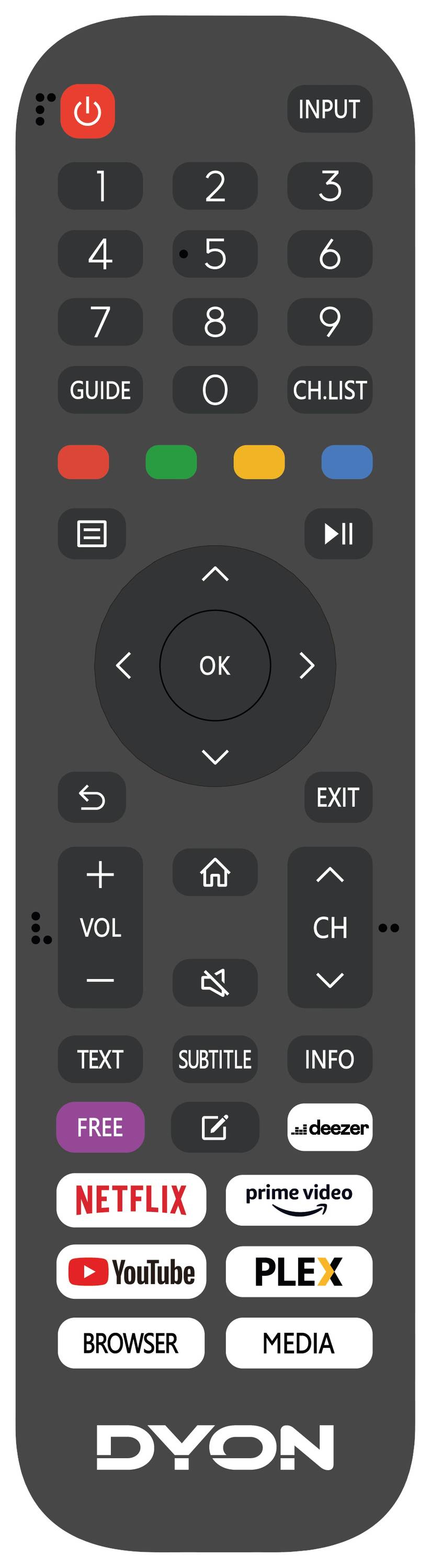 Fernbedienung der Marke Dyon mit Tasten für Lautstärke, Programme, Streaming-Dienste wie Netflix und YouTube, und weiteren Funktionen.