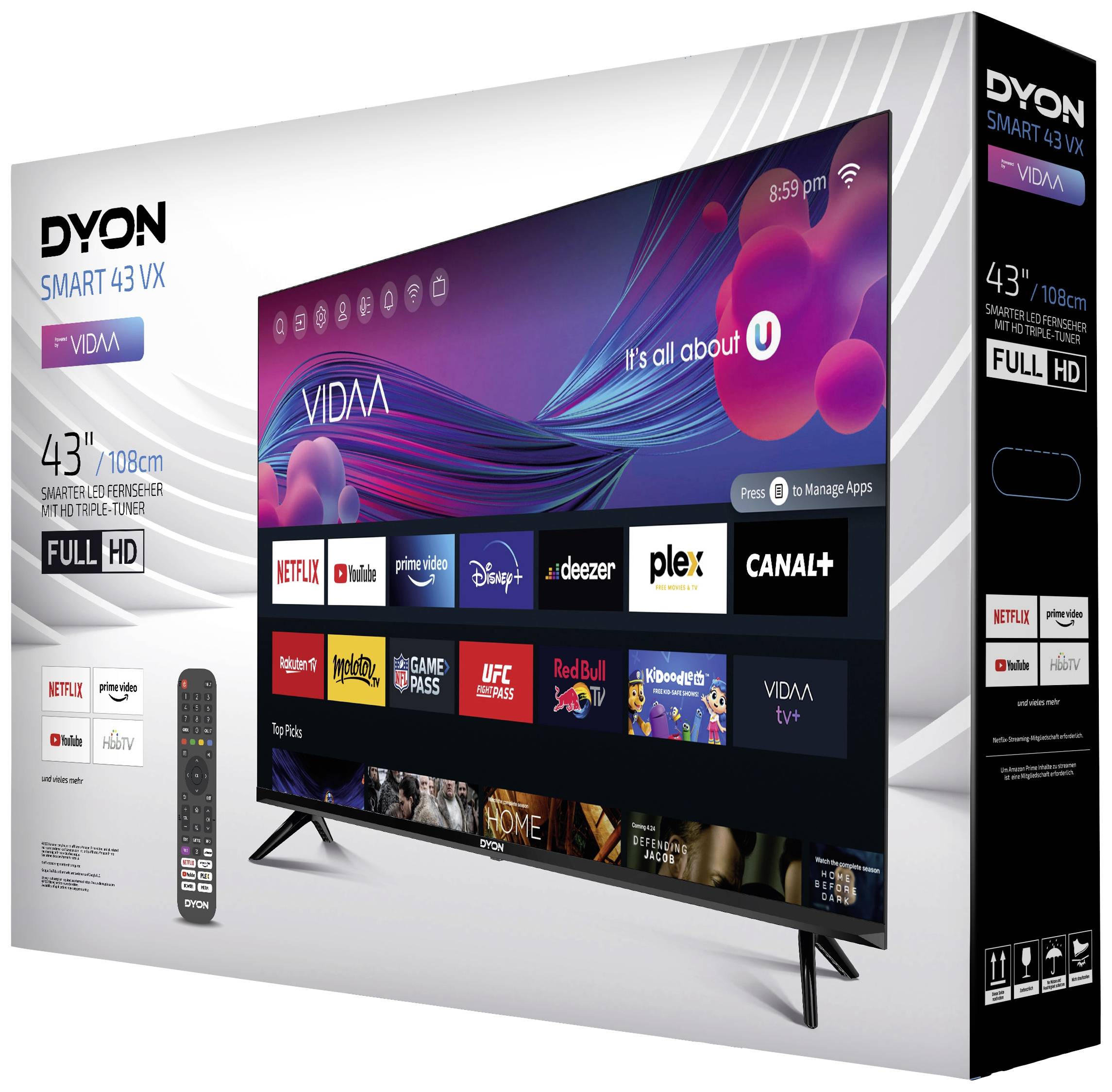 Ein Fernseher der Marke Dyon, 43 Zoll, Full HD, mit Smart-TV-Funktionen und Apps wie Netflix, YouTube und Amazon Prime auf dem Bildschirm.