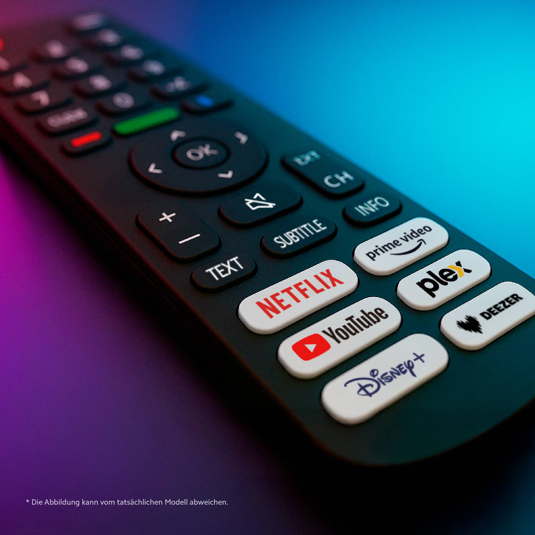 Fernbedienung mit Tasten für Streaming-Dienste wie Netflix, Prime Video, Plex, Disney+ und Deezer vor einem bunten Hintergrund.