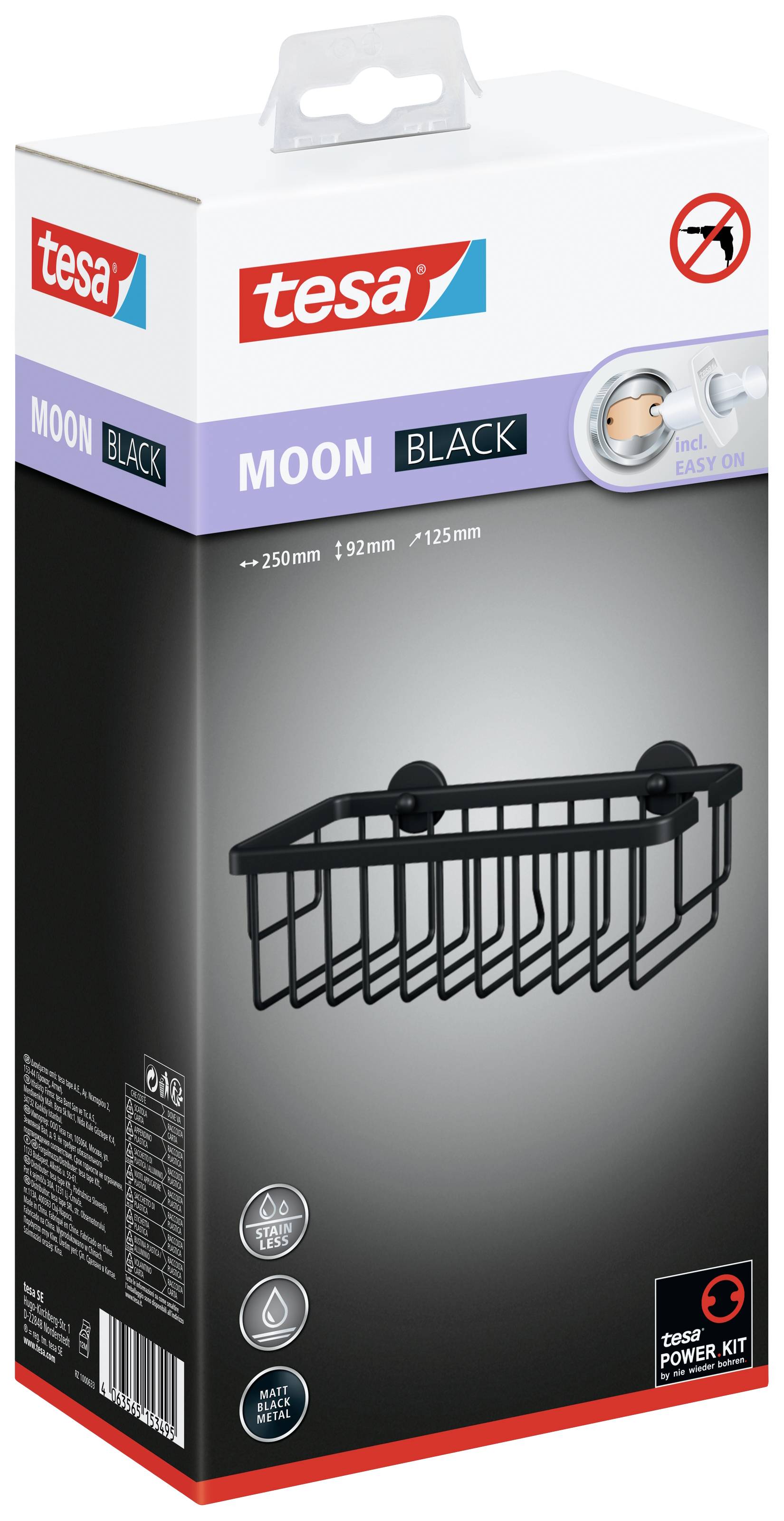 Tesa MOON BLACK, Aluminium, Schwarz, Wand-montiert, Duschkorb, 250 mm, 125 mm