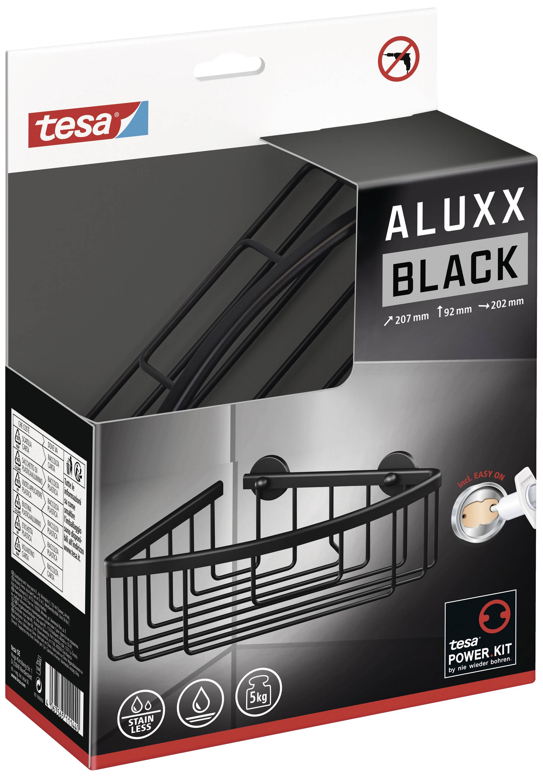 Tesa ALUXX BLACK, Aluminium, Schwarz, Wand-montiert, Duschkorb, 207 mm, 202 mm
