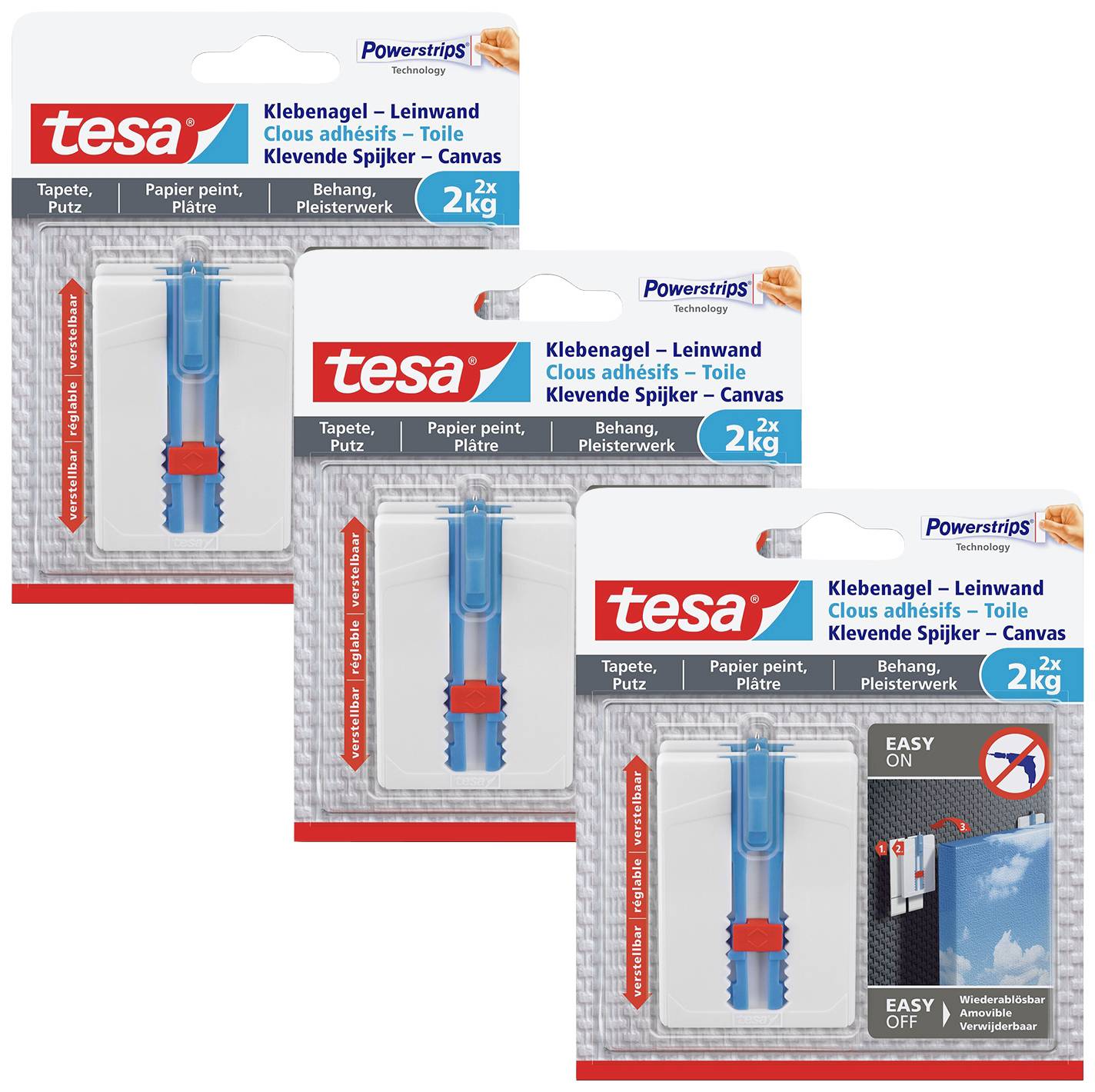 Drei Packungen tesa Klebenägel, je 2 kg Tragkraft, geeignet für Tapeten und Putz. Anzeigen, wie das Produkt an Wänden verwendet wird.