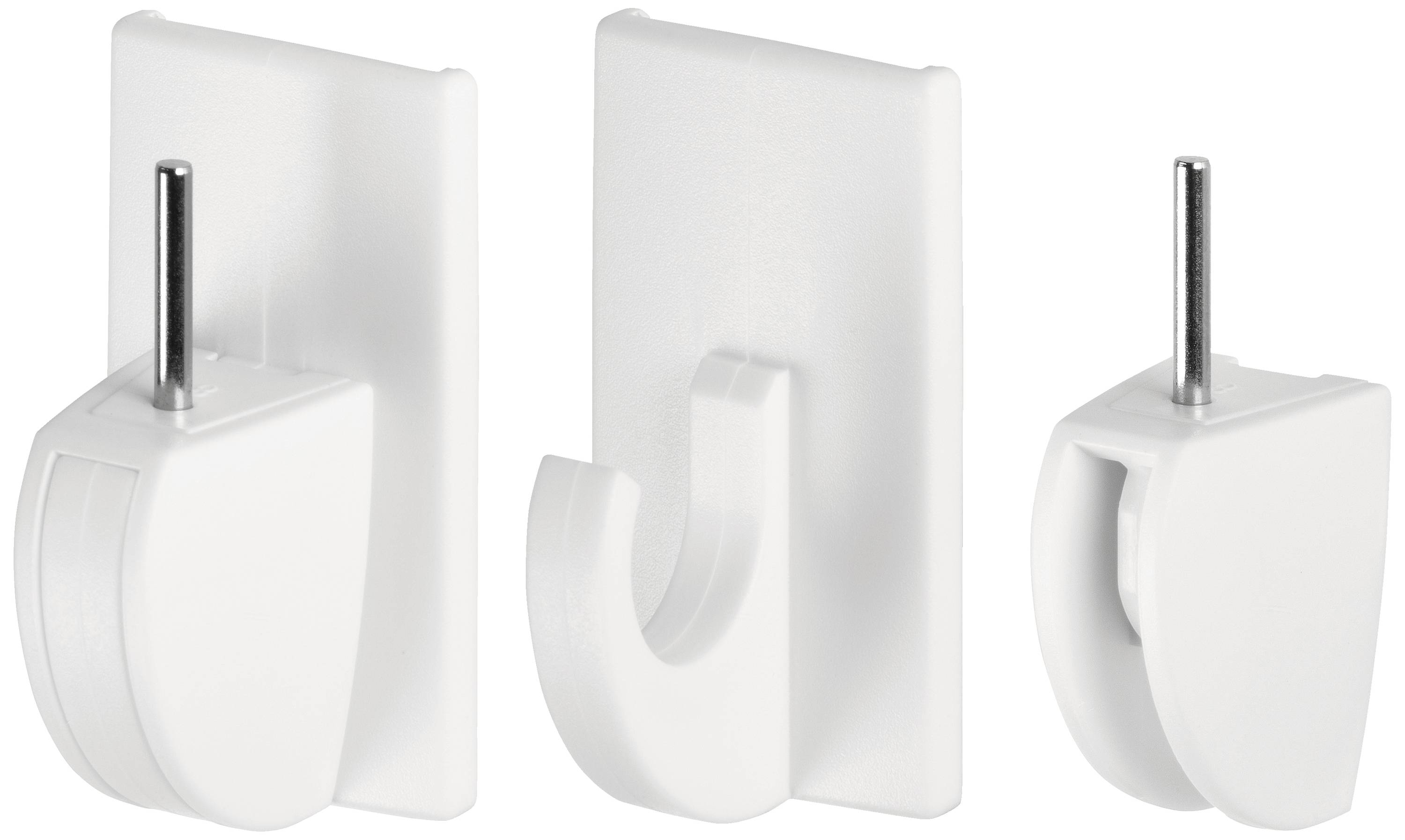 Drei weiße Halterungen oder Haken mit vertikal angebrachten Stiften, die zur Wandmontage oder Aufhängung von Objekten dienen.