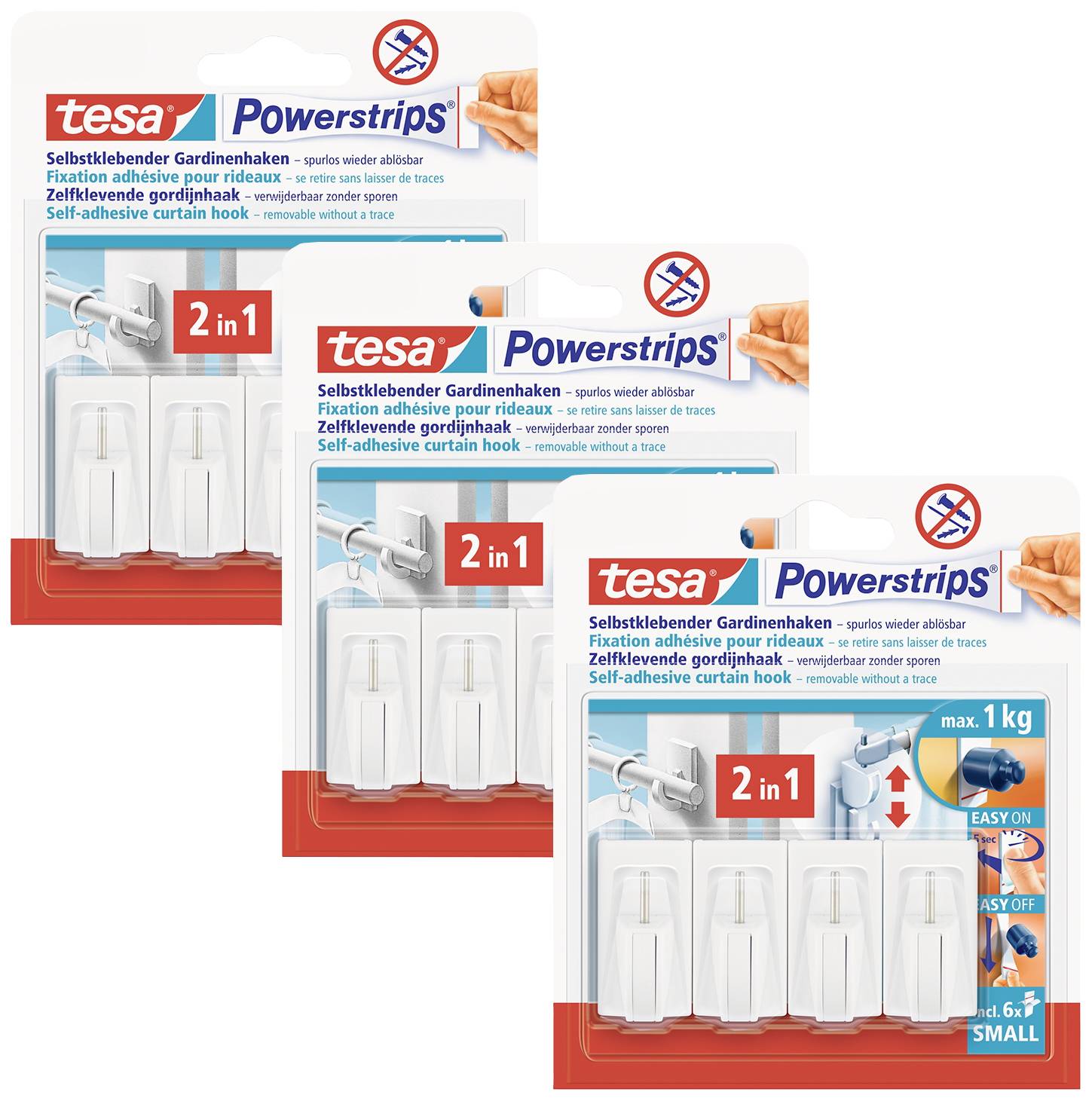 Drei Packungen Tesa Powerstrips selbstklebende Gardinenhaken, 2 in 1, maximale Tragfähigkeit 1 kg, klein.