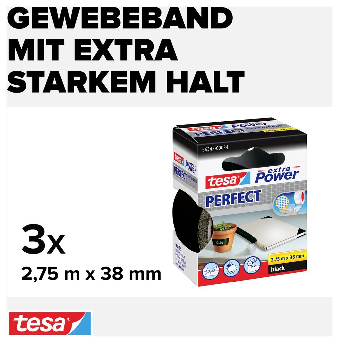 Tesa EXTRA POWER PERFECT 56343-00500-04 Gewebeklebeband Schwarz (L x B) 2.75m x 38mm 3St.