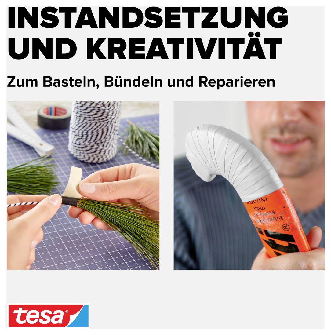 'Instandsetzung und Kreativität', zwei Bilder zeigen Handarbeiten mit Klebeband. Oben Text: 'Zum Basteln, Bündeln und Reparieren.'